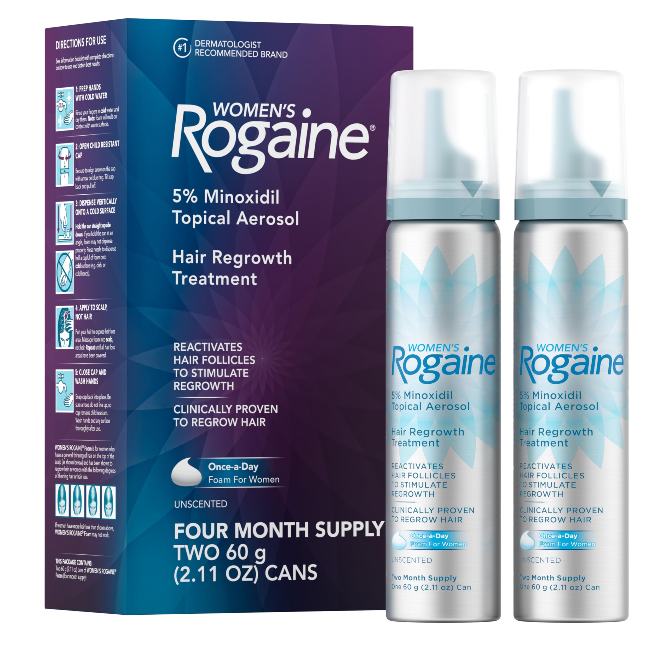 Rogaine für Frauen 5% Minoxidil Schaum, Wachstumsbehandlung bei dünner werdendem Haar & Haarausfall, einmal täglich anzuwendender unparfümierter topischer Schaum, für volleres, dichteres Haar, von Dermatologen empfohlen, Vorrat für 4 Monate, 2 x 60 ml