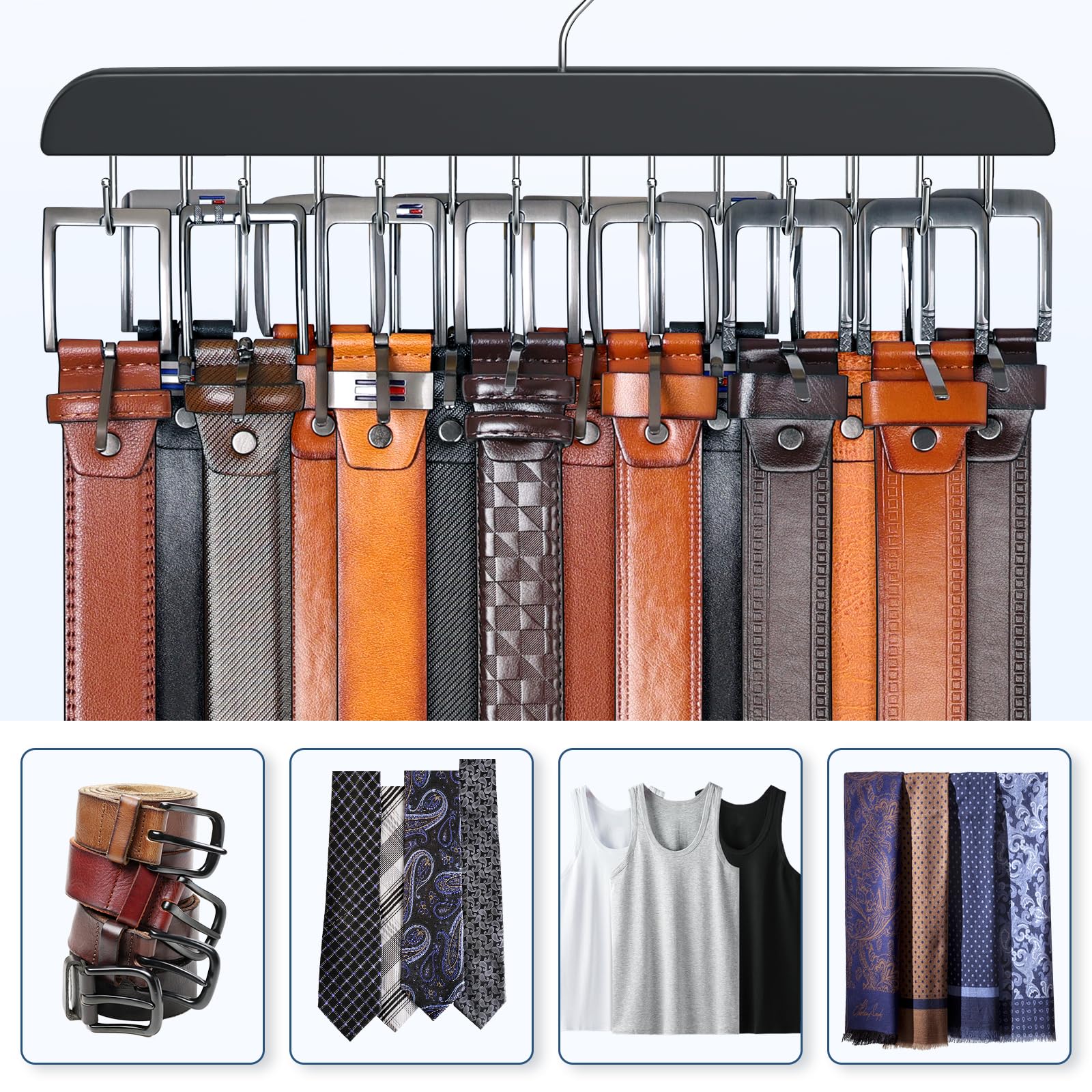 Belt Hanger for Closet Max 42 Belts, Sturdy Wood Belt Rack Closet Accessories with 14 Hooks Belt Organizer for Closet Organizers and Storage -Black 1 Pack