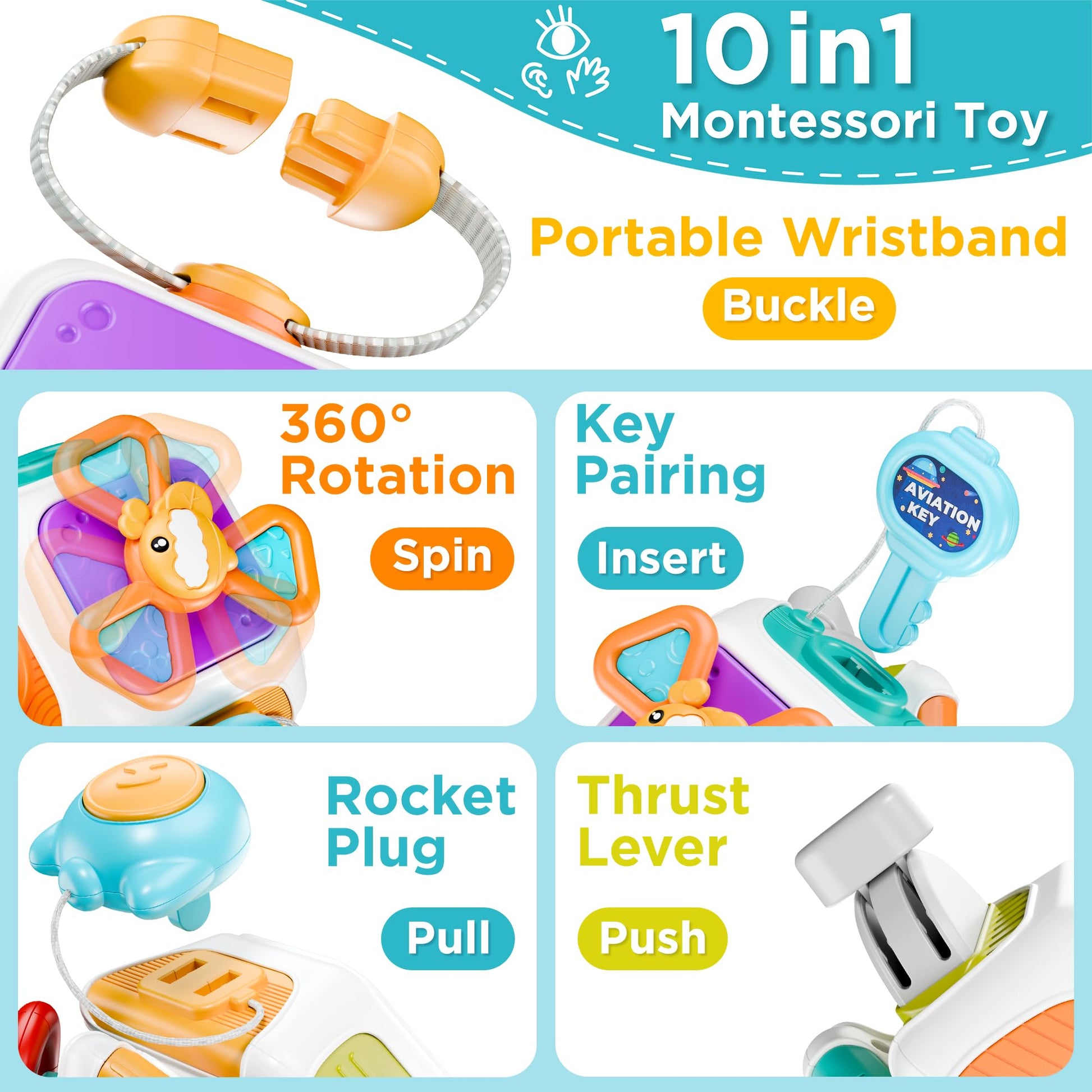 iPlay, iLearn 10 in 1 Baby Busy Board Cube, Montessori Sensory Toy Toddler 1-3, Infant Carseat Plane Travel, Kid Education Learning Activity, Birthday Gift 6 9 10 12 18 Month 1 2 Year Old Boy Girl