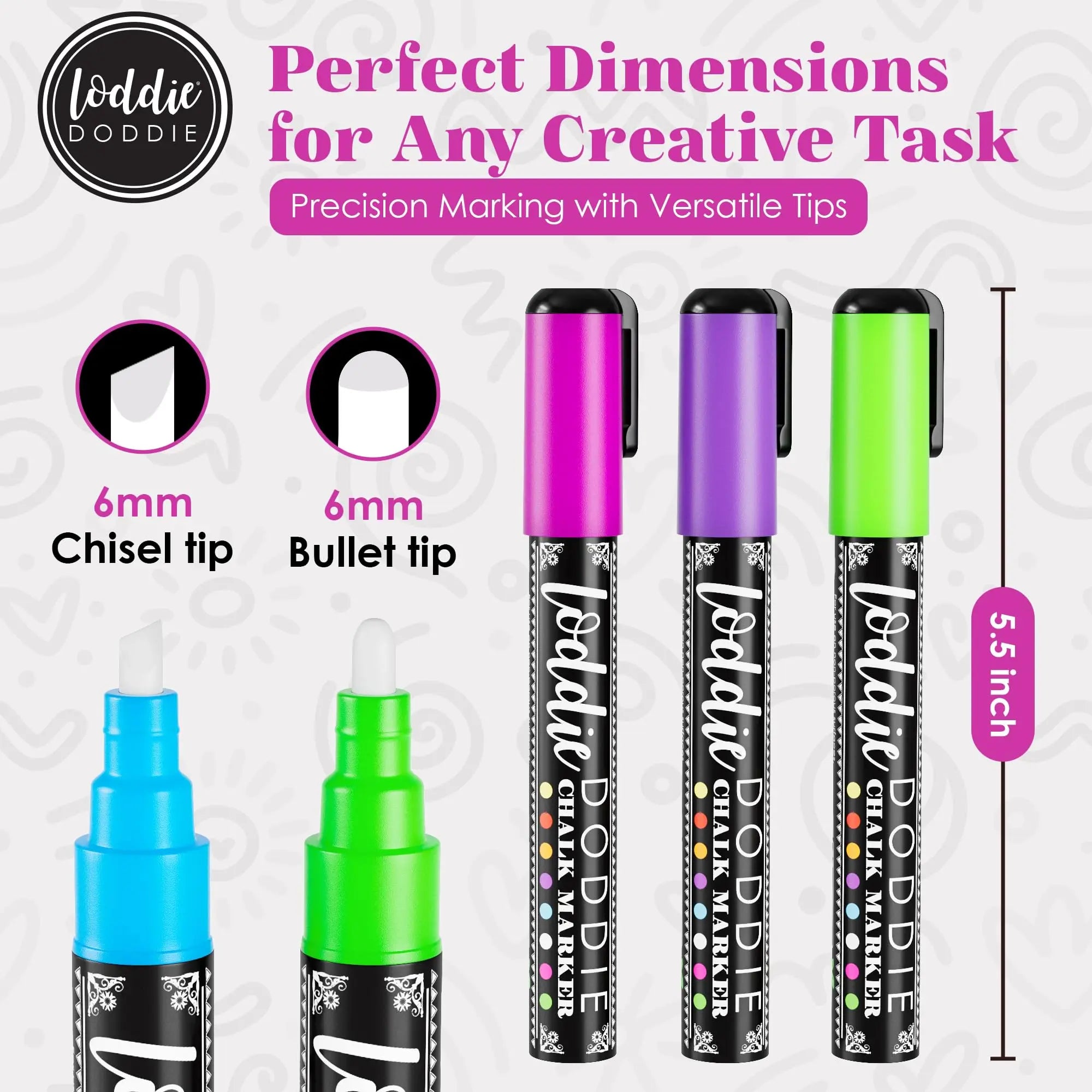 Loddie Doddie Chalk Markers - 24-Pack, 6mm Reversible Bullet & Chisel Tip - Dust-Free, Erasable Liquid Chalk Markers - Versatile for Windows, Glass & Chalkboard Surfaces