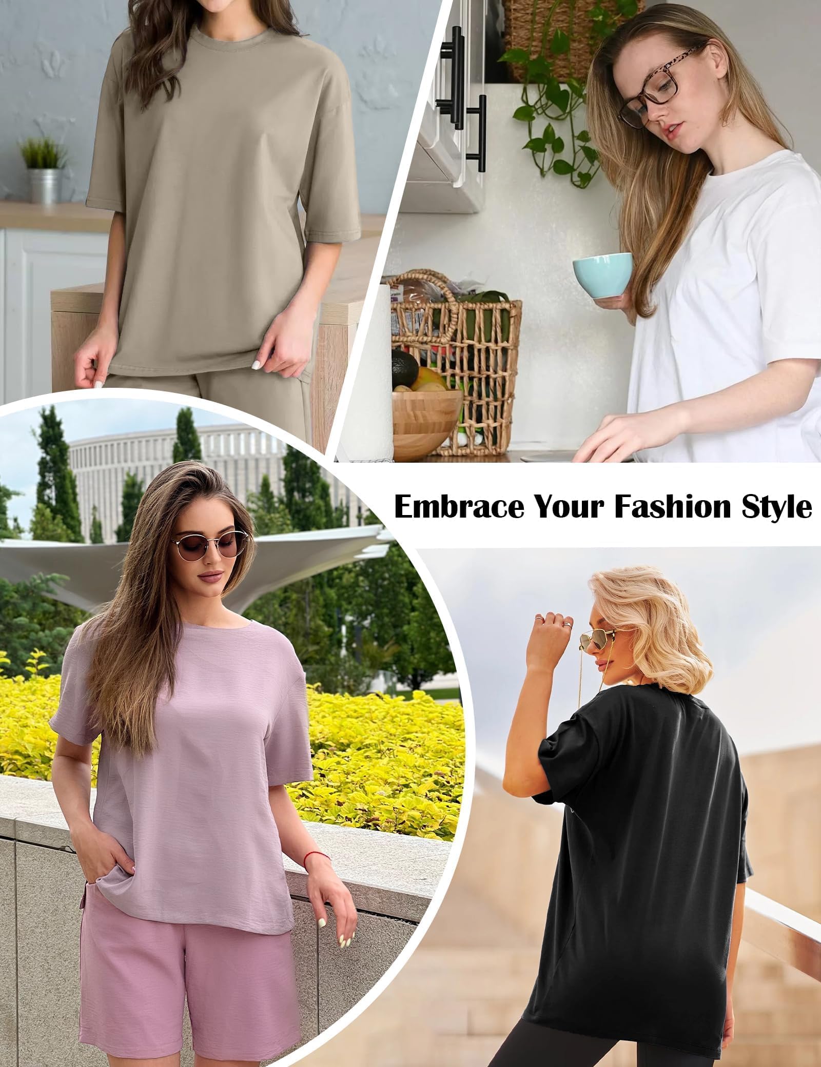 Siimcuzy 4 Pack Oversized Tshirts for Women, Loose Fit Crew Neck Summer Baggy Tops Workout Tees Plus Size T Shirts 1 Black 1 White 1 Dark Pink 1 Khaki Large