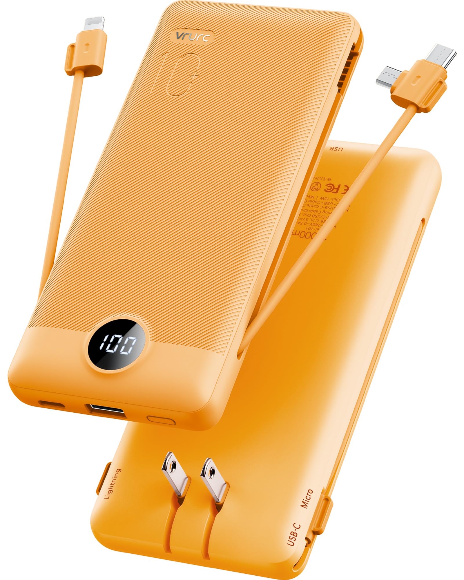 VRURC Portable Charger Built-in Cables and AC Wall Plug, USB C Power Bank 10000mAh, [2023 Upgraded Version] Phone Charger Compact Lightweight External Battery Pack for Smart Phones, Tablets etc-White