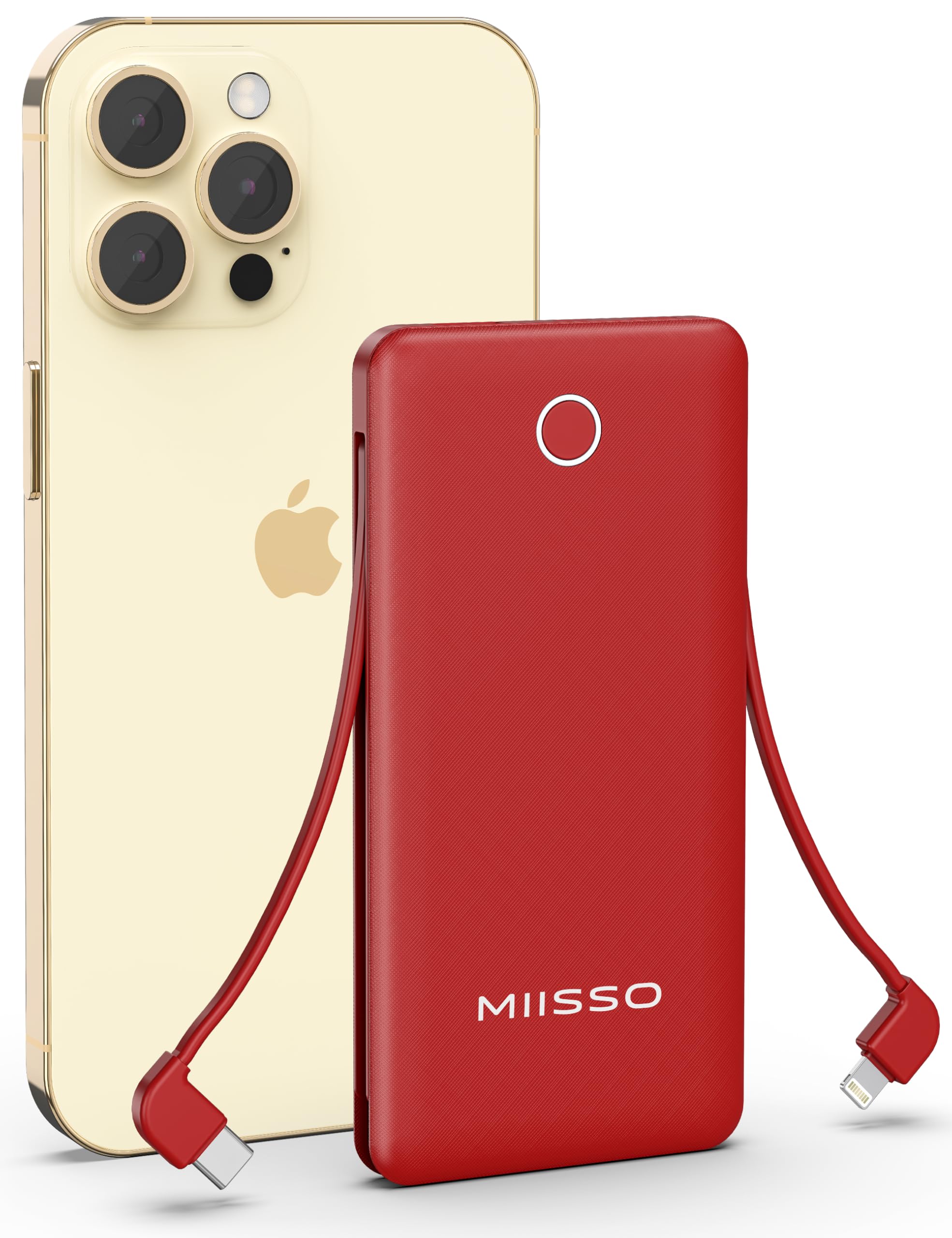 miisso 10000mah Slim Portable Charger with Built in Cable, Power Bank Travel Phone Charger External Battery Pack for Phones, 4 Output USB C Cords Clutch Charger Compatible with iPhone, Samsung, Red