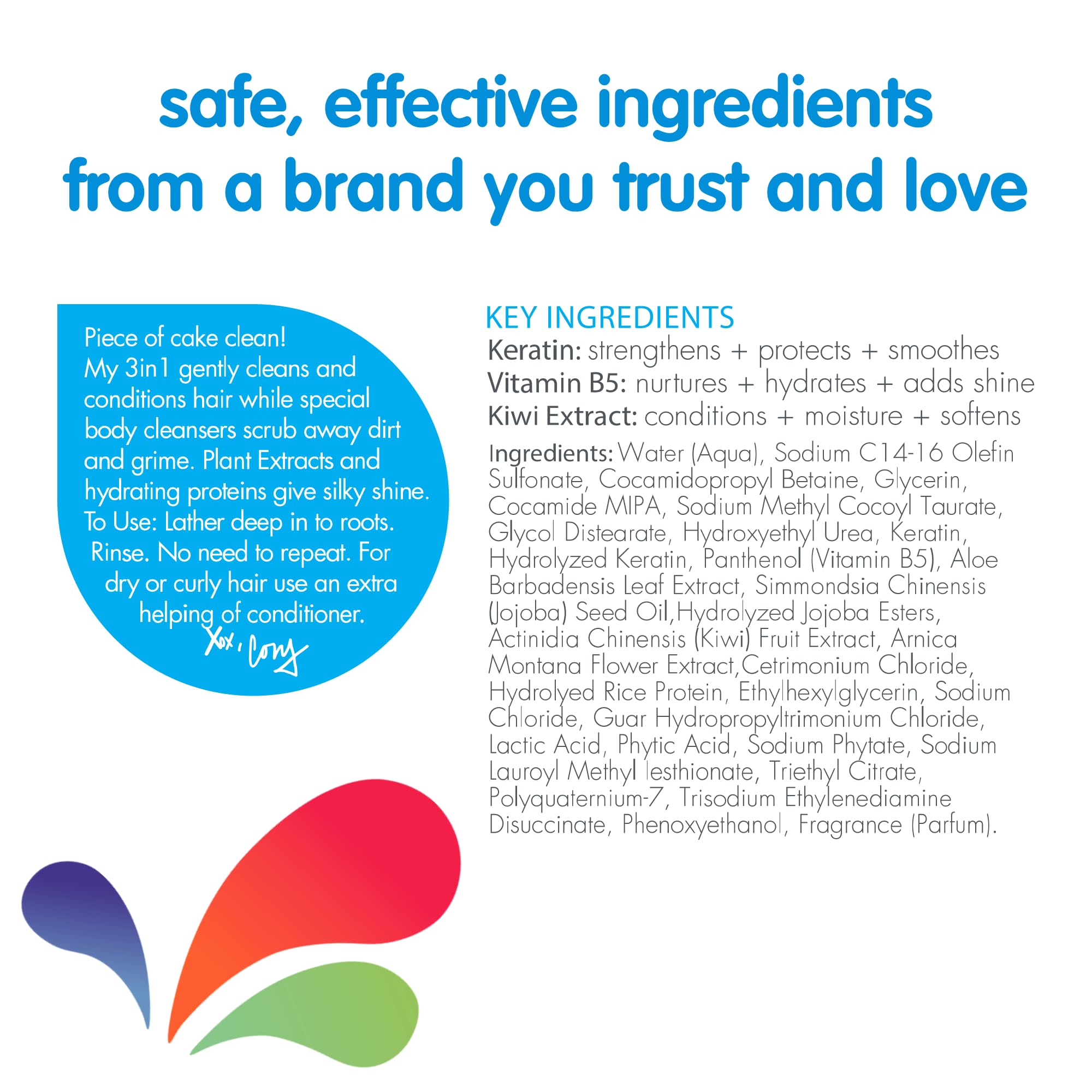 SoCozy 3 in 1 Kids Shampoo + Conditioner + Body Wash (16 Fl Oz) Gentle, Hydrating Hair & Body Cleanser with Keratin, Vitamin B5, & Kiwi Extract, Paraben & Sulfate-Free