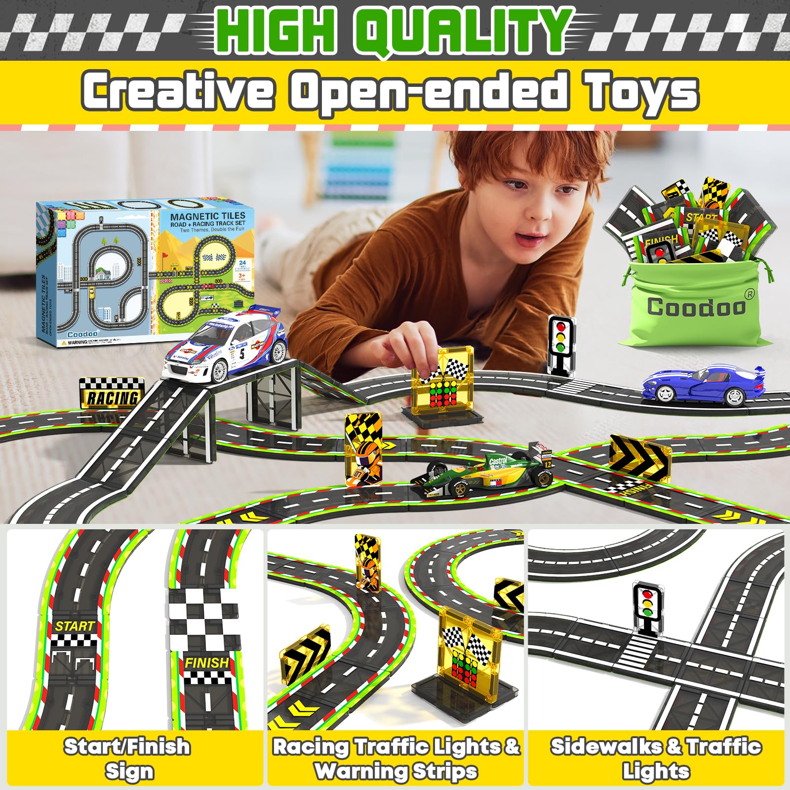 Magnetic Tiles Racing Track & City Road Expansion Pack - Kids Toys STEM Learning Montessori Toys for Toddler Magnetic Blocks Building Toys for 3+ Year Old Boys & Girls, Sensory Play Kids Toys