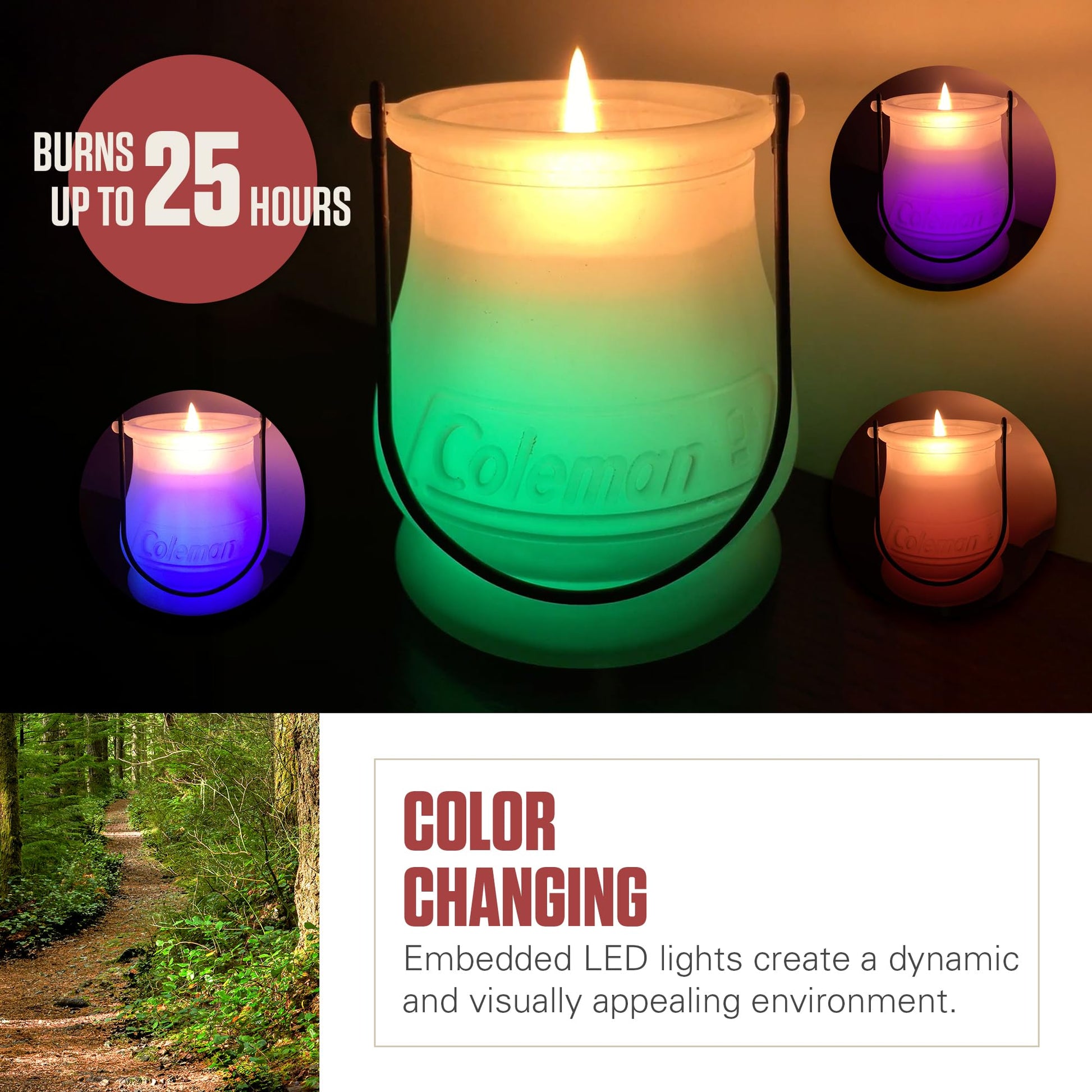 Coleman Color Changing LED Citronella Outdoor Scented Candle, 25+ Hours Burn Time, Festive Color Effects, Glass Holder with Metal Handle