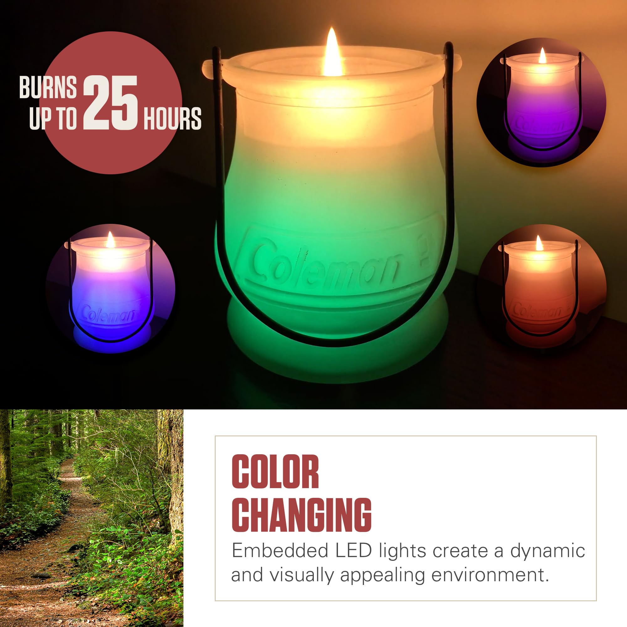 Coleman Color Changing LED Citronella Outdoor Scented Candle, 25+ Hours Burn Time, Festive Color Effects, Glass Holder with Metal Handle