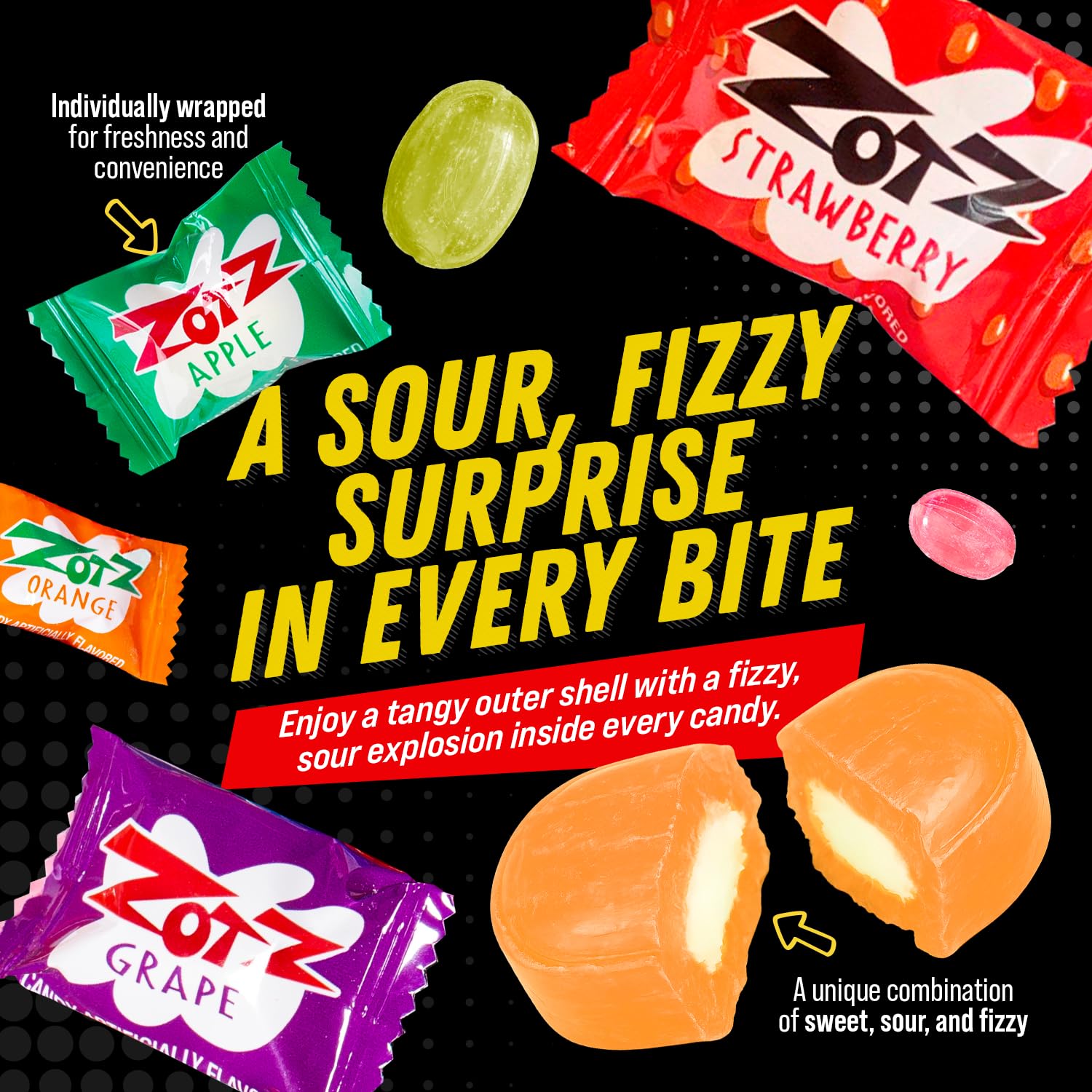 Zotz Fizzy Bulk Candy (Assorted, 100 Units)- Hard Candy Individually Wrapped- Assorted 7 Fruit Flavors, Cherry, Watermelon, Strawberry, Blue Raspberry, Apple, Orange & Grape- From Italy Since 1970