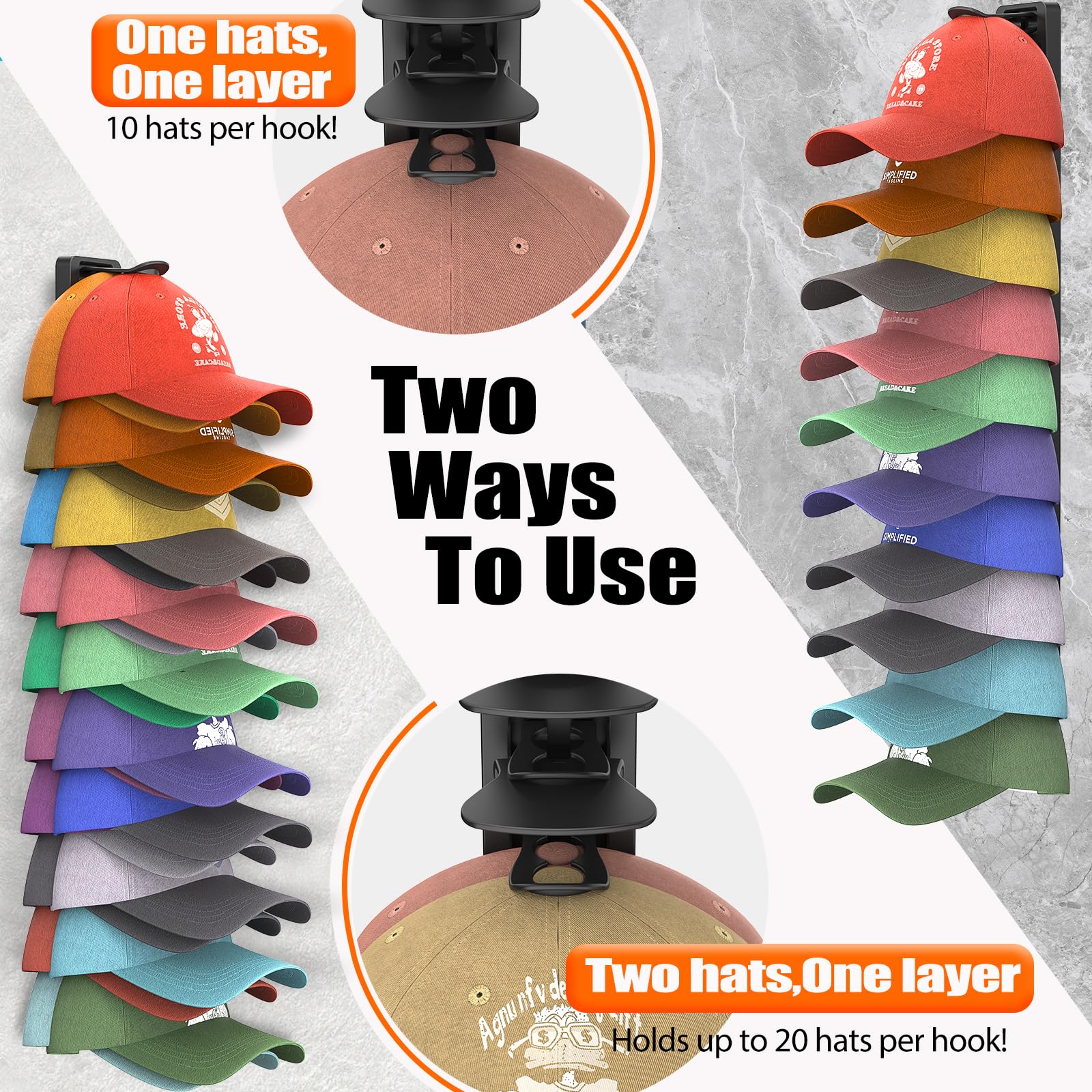Hat Organizer for Baseball Caps Hold Up to 40 Hats, 2 Pack Hat Rack for Wall, Strong Adhesive Hat Storage Display Holder for Closet Door and Wall (Black)