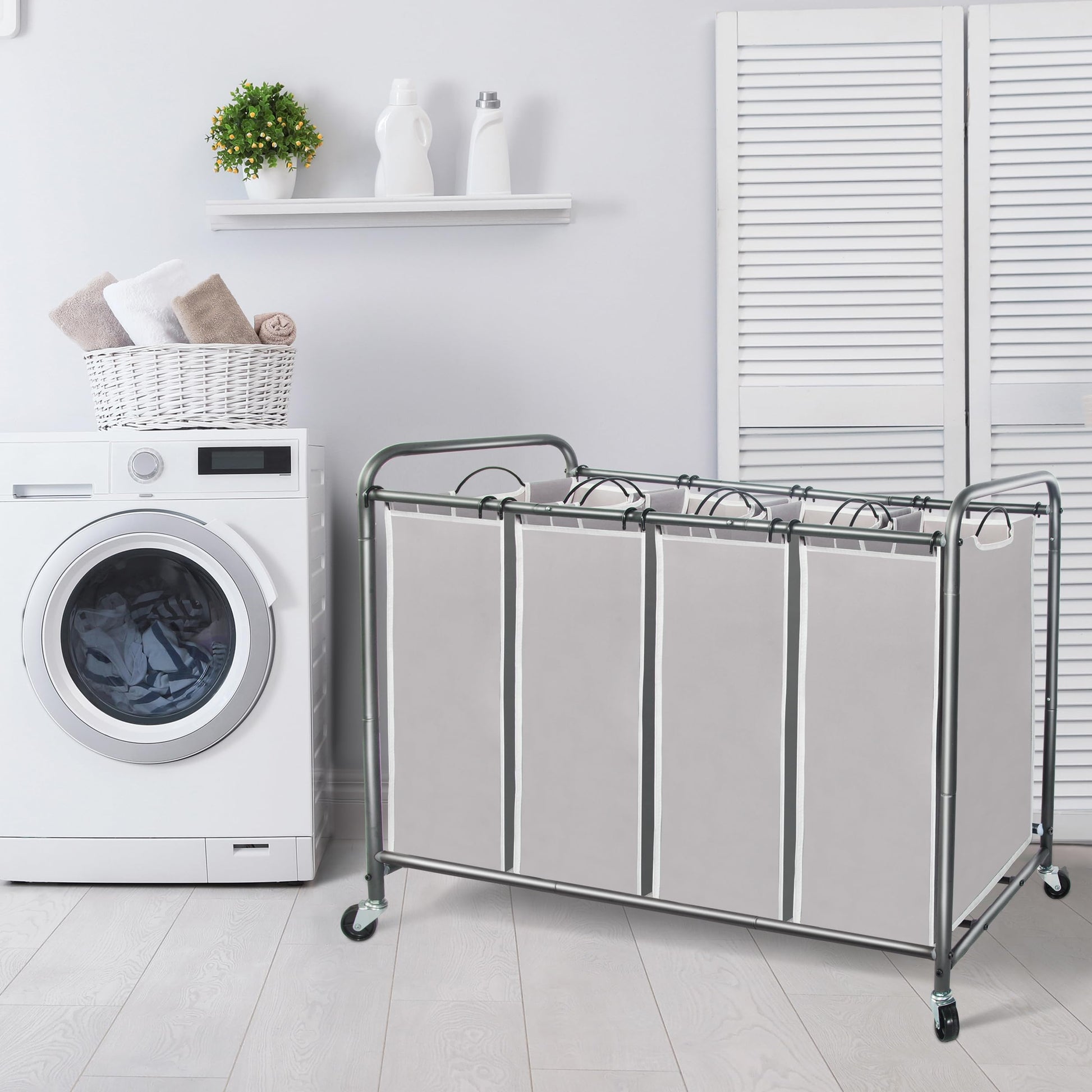 STORAGE MANIAC Laundry Sorter 4 Section, 47.8 Gal (181 L) Laundry Hamper with Wheels, Clothes Divider Basket Sorter, Clothes Separator Hamper Cart with Wheels and Removable Bags, Gray