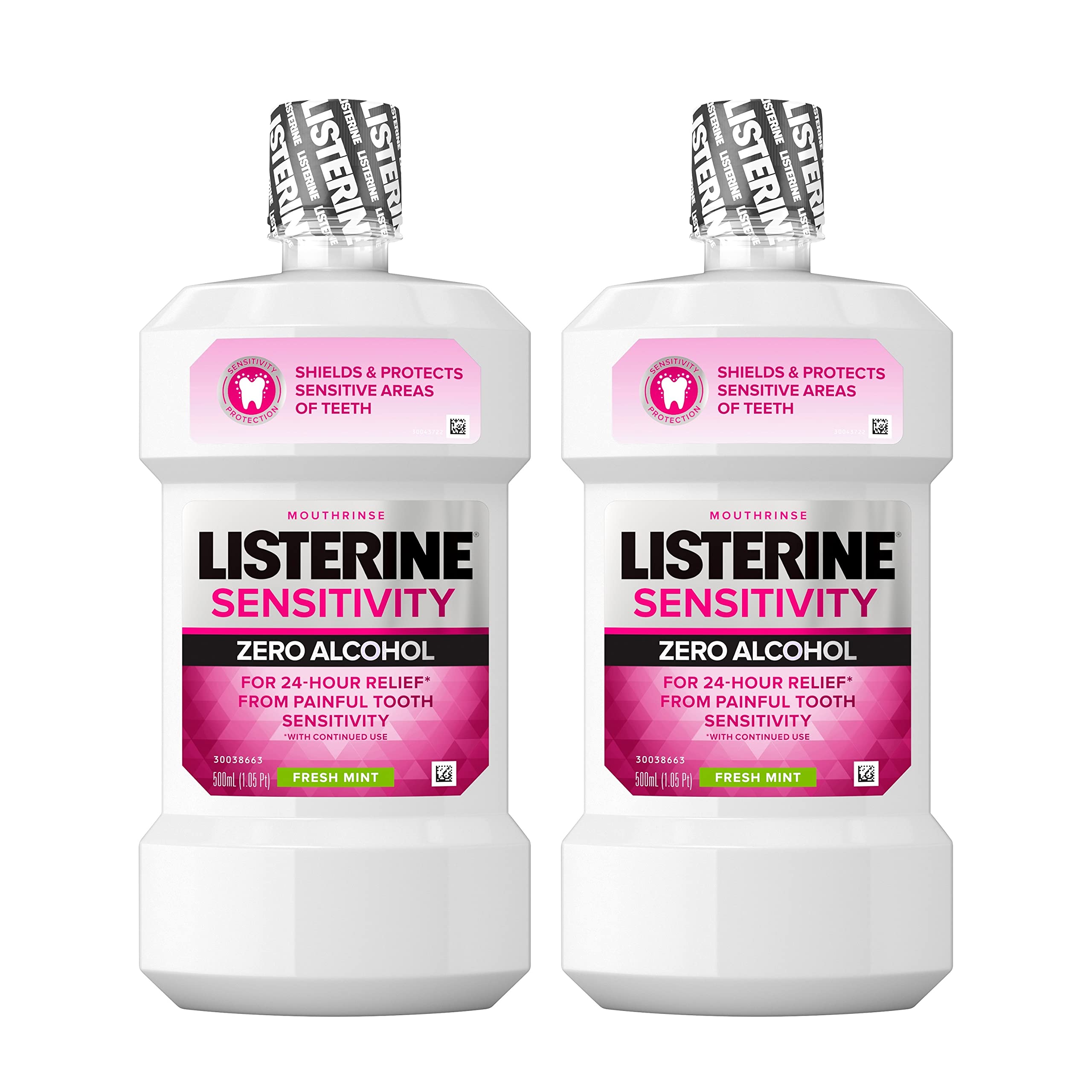 Listerine Sensitivity Mouthwash, Zero Alcohol, Less Intense Formula, for Sensitive Teeth, Bad Breath Treatment, Alcohol Free Mouth Wash for Adults; Fresh Mint Flavor, 500 mL (Pack of 2)