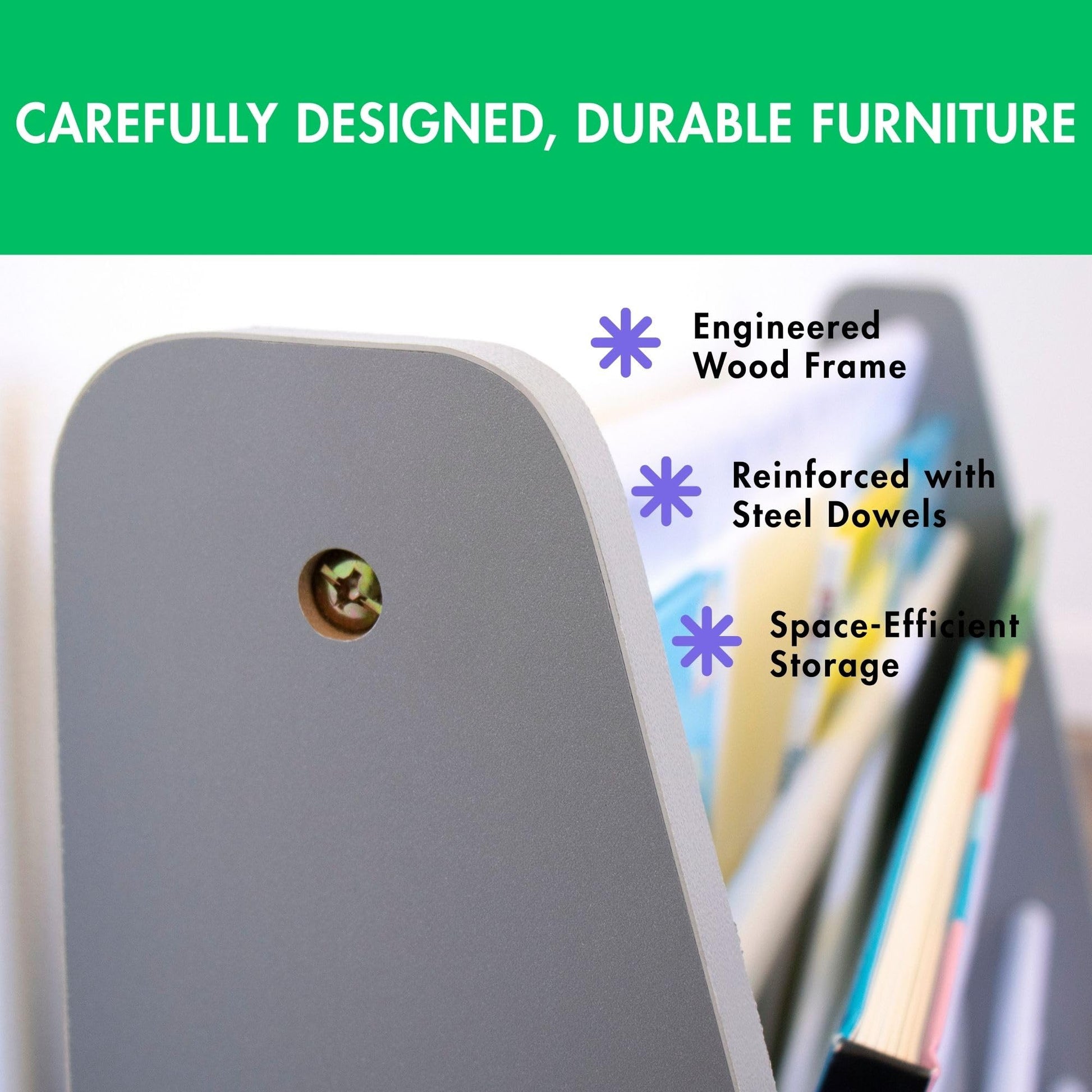 Humble Crew 4-Tier Kids Bookshelf, Grey Wood/White - Premium Book Shelf for Kids Rooms with Four Deep Pockets - Toddler Sling Book Rack with Deep Sleeves, Nursery Bookcase Organizer