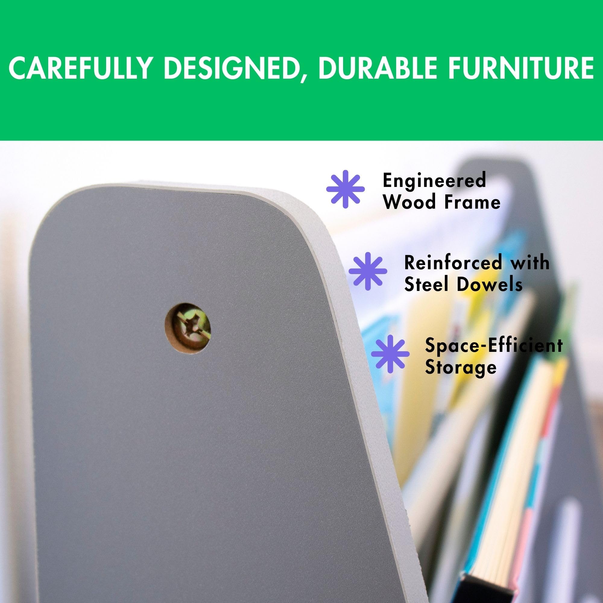 Humble Crew 4-Tier Kids Bookshelf, Grey Wood/White - Premium Book Shelf for Kids Rooms with Four Deep Pockets - Toddler Sling Book Rack with Deep Sleeves, Nursery Bookcase Organizer