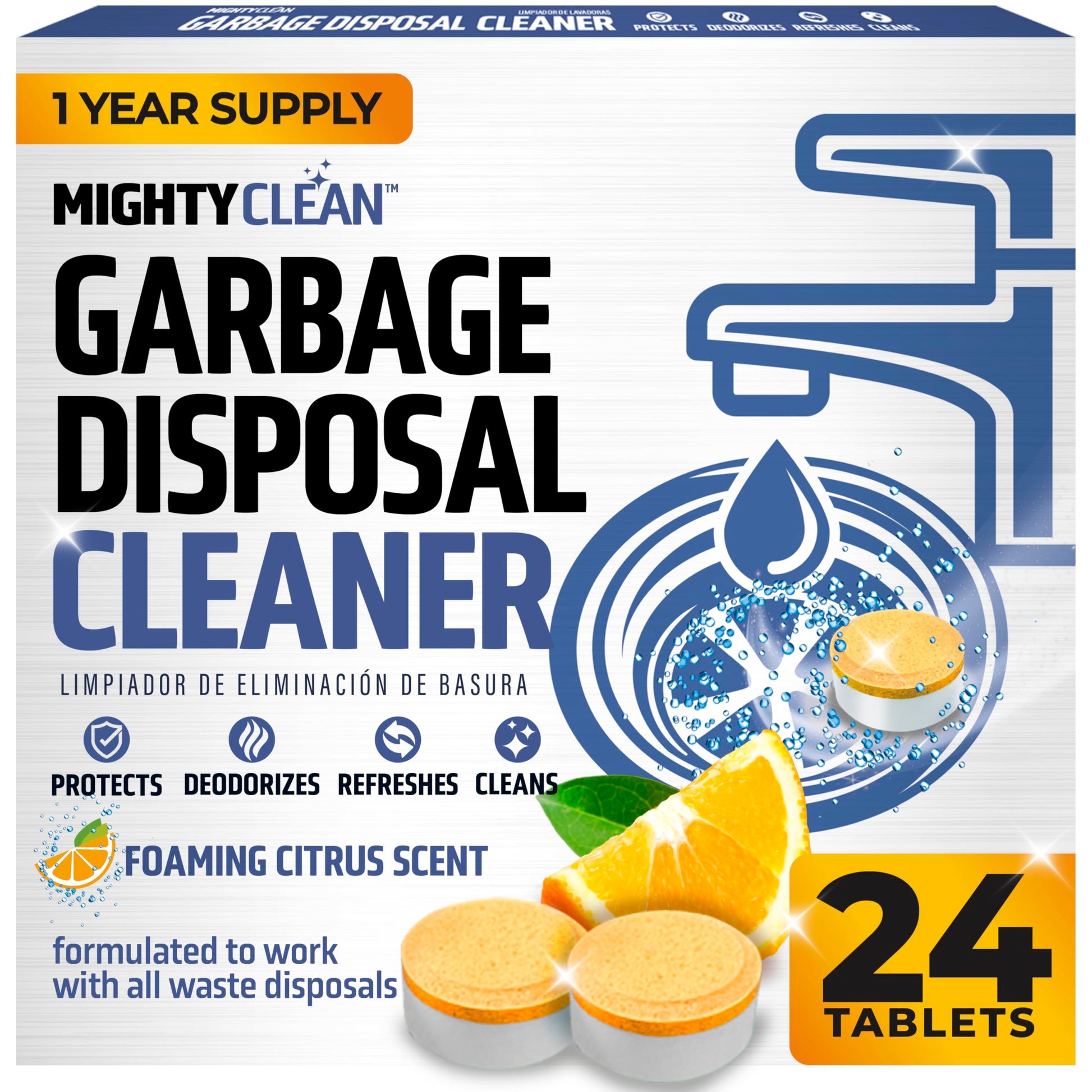 MIGHTY CLEAN Garbage Disposal Cleaner And Deodorizer Tablets 24 Pack - 1 Year Supply Kitchen Sink Cleaner And Deodorizer, Septic Safe Foaming Cleaner, Lemon Scent, Removes Odor-Causing Residues