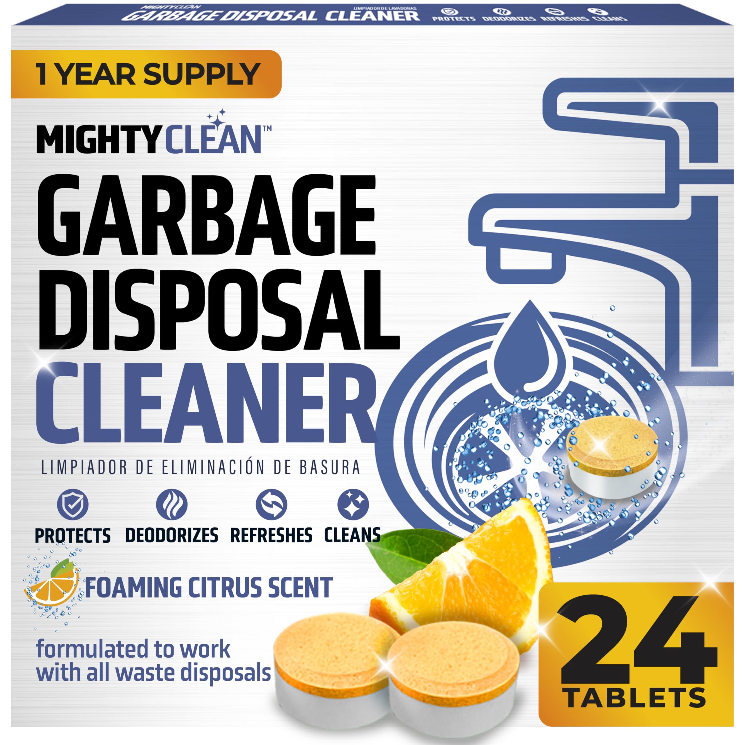 MIGHTY CLEAN Garbage Disposal Cleaner And Deodorizer Tablets 24 Pack - 1 Year Supply Kitchen Sink Cleaner And Deodorizer, Septic Safe Foaming Cleaner, Lemon Scent, Removes Odor-Causing Residues