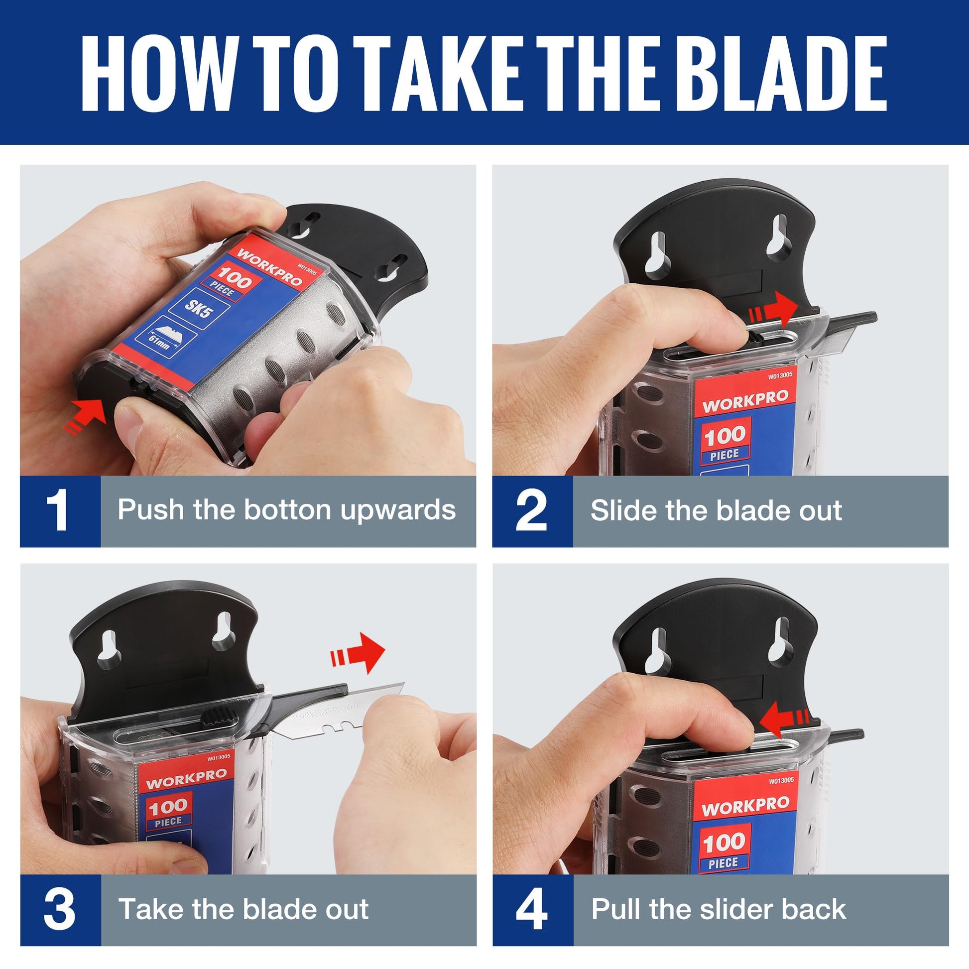 WORKPRO Utility Knife Blades, SK5 Steel, 100-Pack with Dispenser