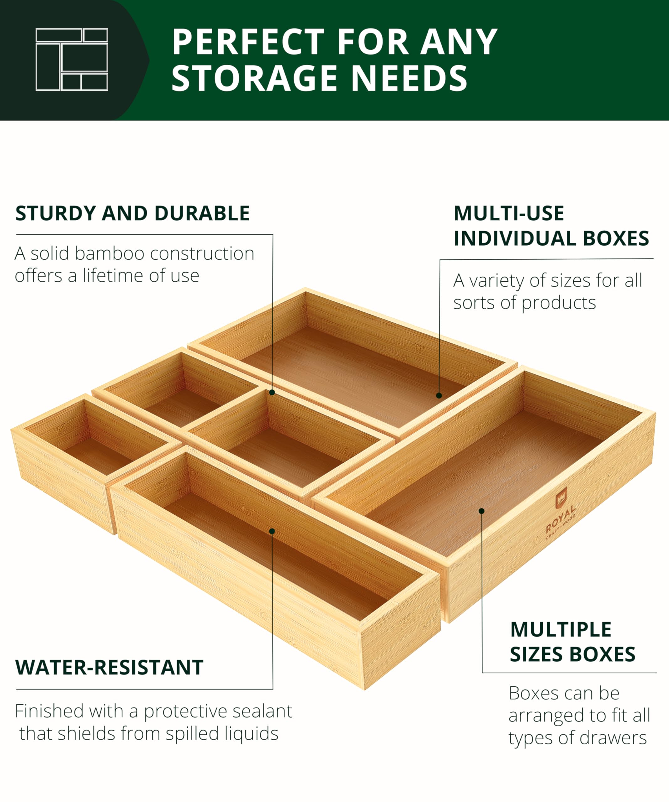 ROYAL CRAFT WOOD 5-Piece Bamboo Drawer Organizer Set – Multi-Use Storage Trays for Kitchen, Bathroom, Office, Makeup, Jewelry & More – Junk Drawer Tray, Utensil Holder, Storage Box & Bin Set (5 Boxes)