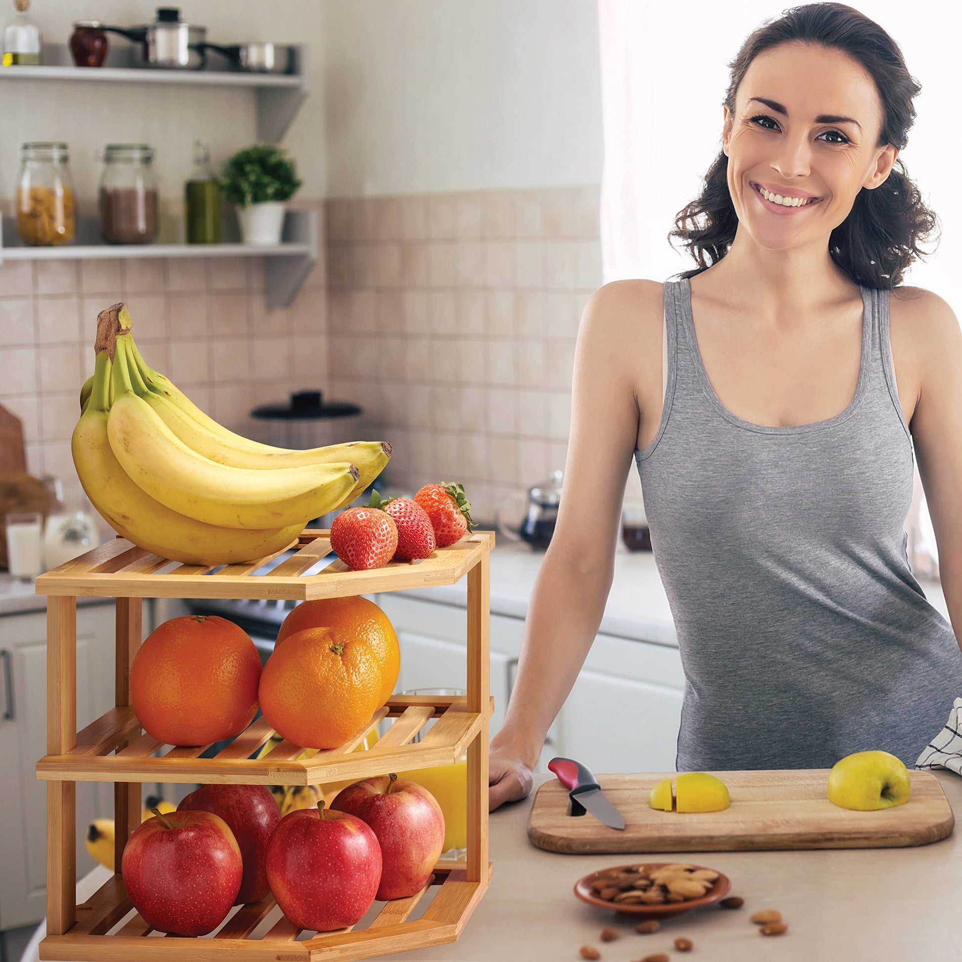 Cabinet Organizer Shelf - Bamboo Corner Rack for Kitchen Counter, Cabinet Space Saver for Plates, Dishes, Bowls, Bread - Pantry and Bathroom Storage or Countertop - Useful Home & Housewarming Gift