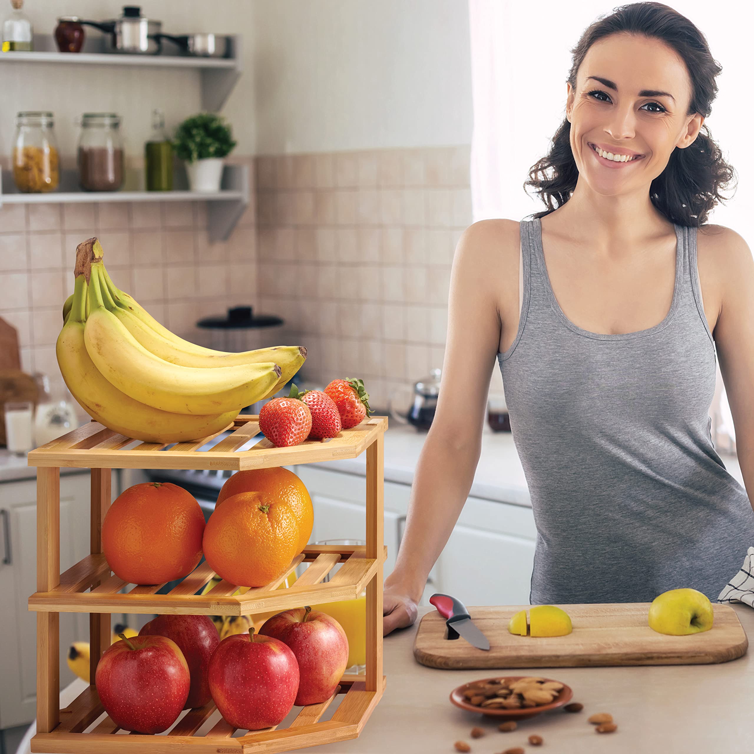 Cabinet Organizer Shelf - Bamboo Corner Rack for Kitchen Counter, Cabinet Space Saver for Plates, Dishes, Bowls, Bread - Pantry and Bathroom Storage or Countertop - Useful Home & Housewarming Gift