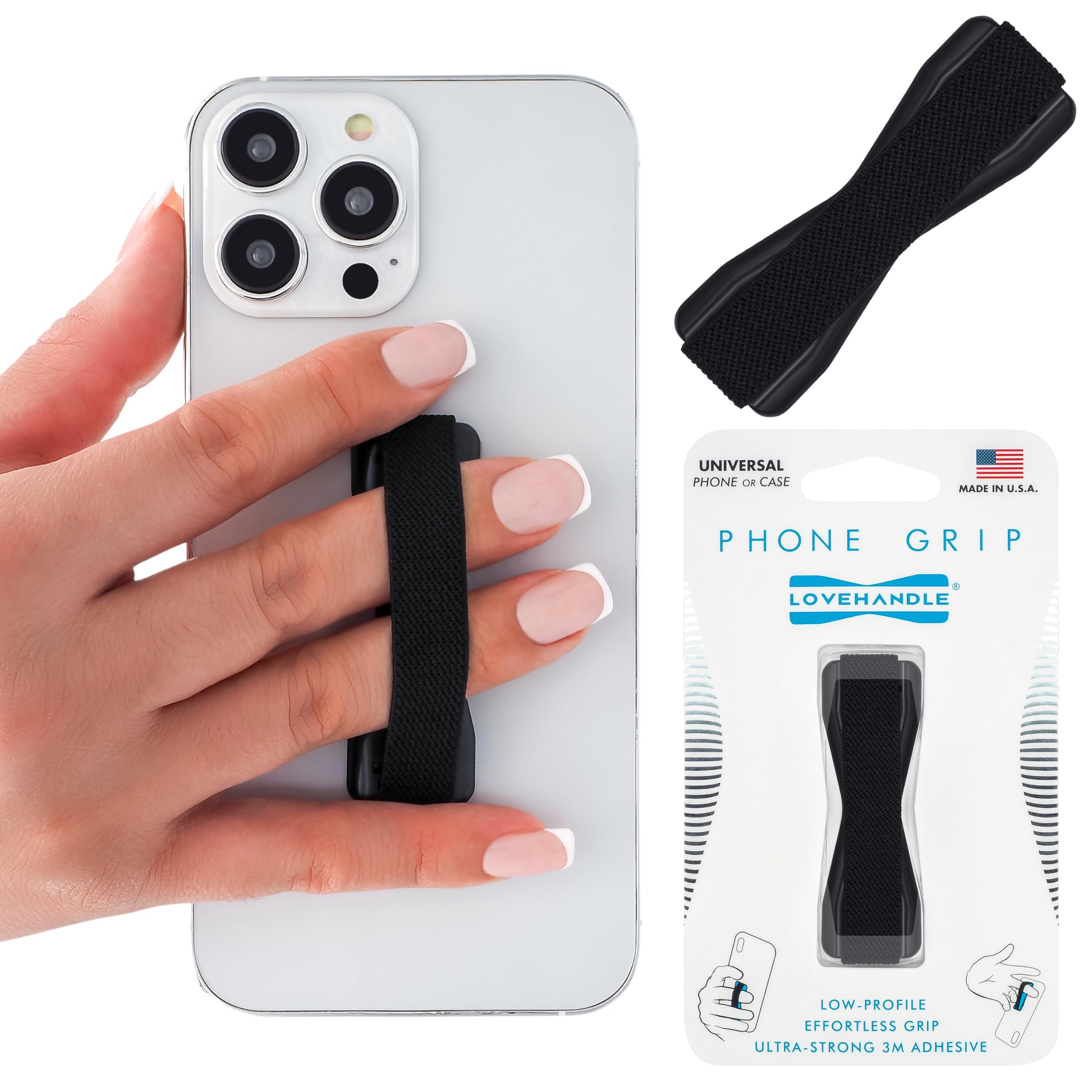 LOVEHANDLE Universal Handygriff für Smartphones & Mini-Tablets – Handyhalter für die Hand – Kabelloses Laden Kompatibel – Hergestellt in den USA – Solid Black