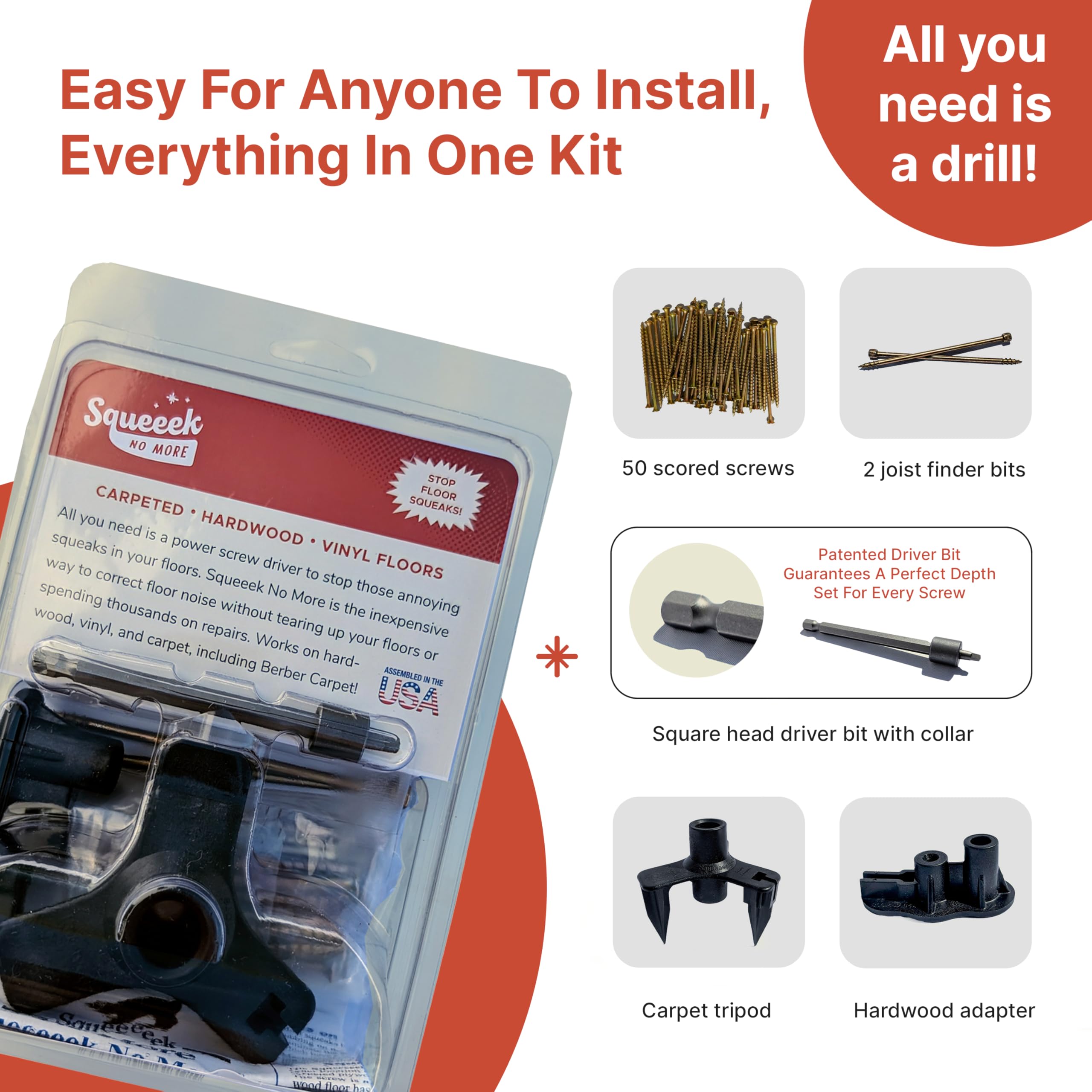 SQUEEEK NO MORE Squeaky Floor Repair Kit for Hardwood, Carpet, Vinyl & Linoleum – Complete Floor Squeak Repair Kit Includes Joist Finder Drill Bits, Tripod Fixture and 50 Counter-snap Screws