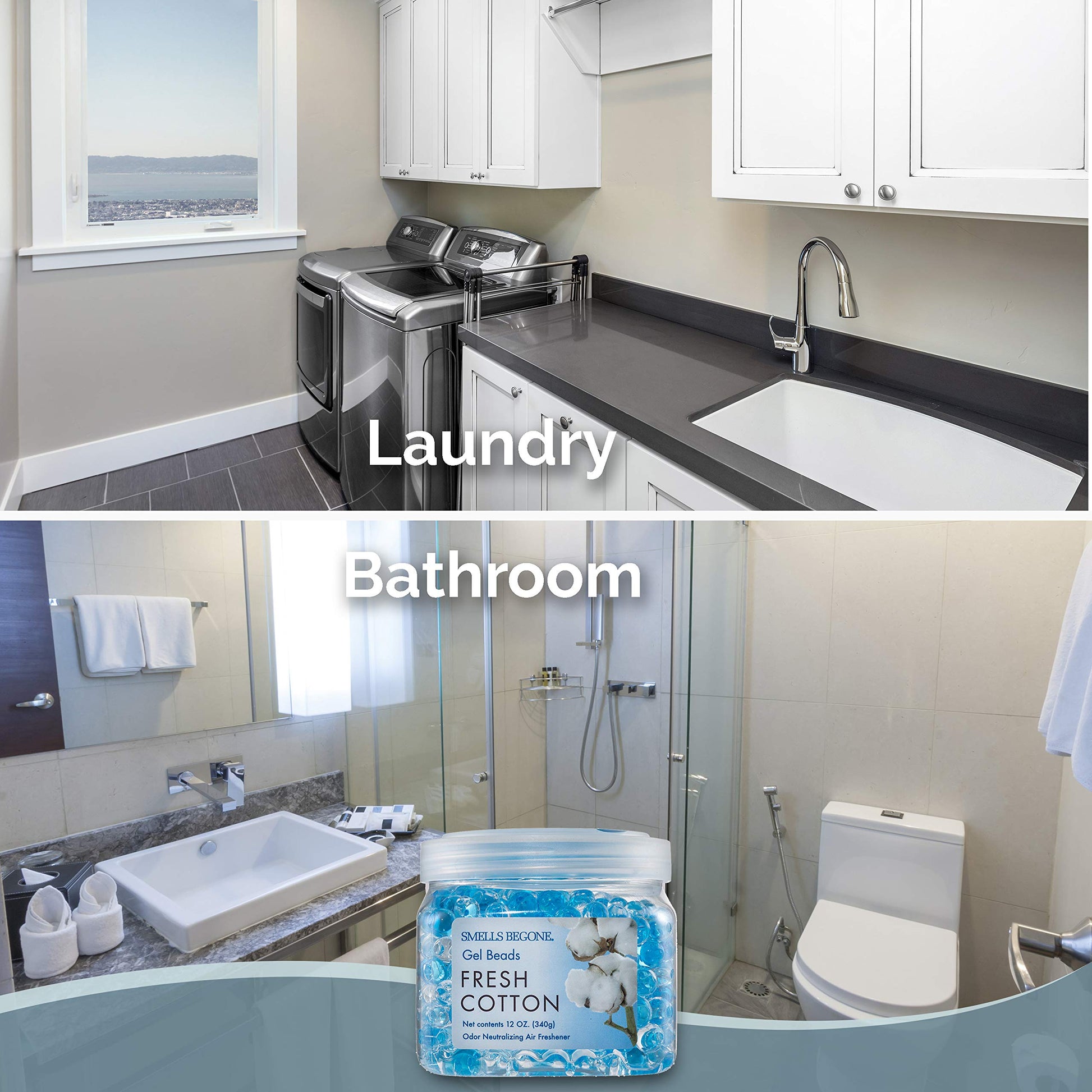 SMELLS BEGONE Odor Eliminator Gel Bead Value Pack - 72 oz - Air Freshener - Made with Essential Oils - Eliminates Odors in Bathrooms, Pet Areas, Cars, & Boats - Fresh Cotton Scent