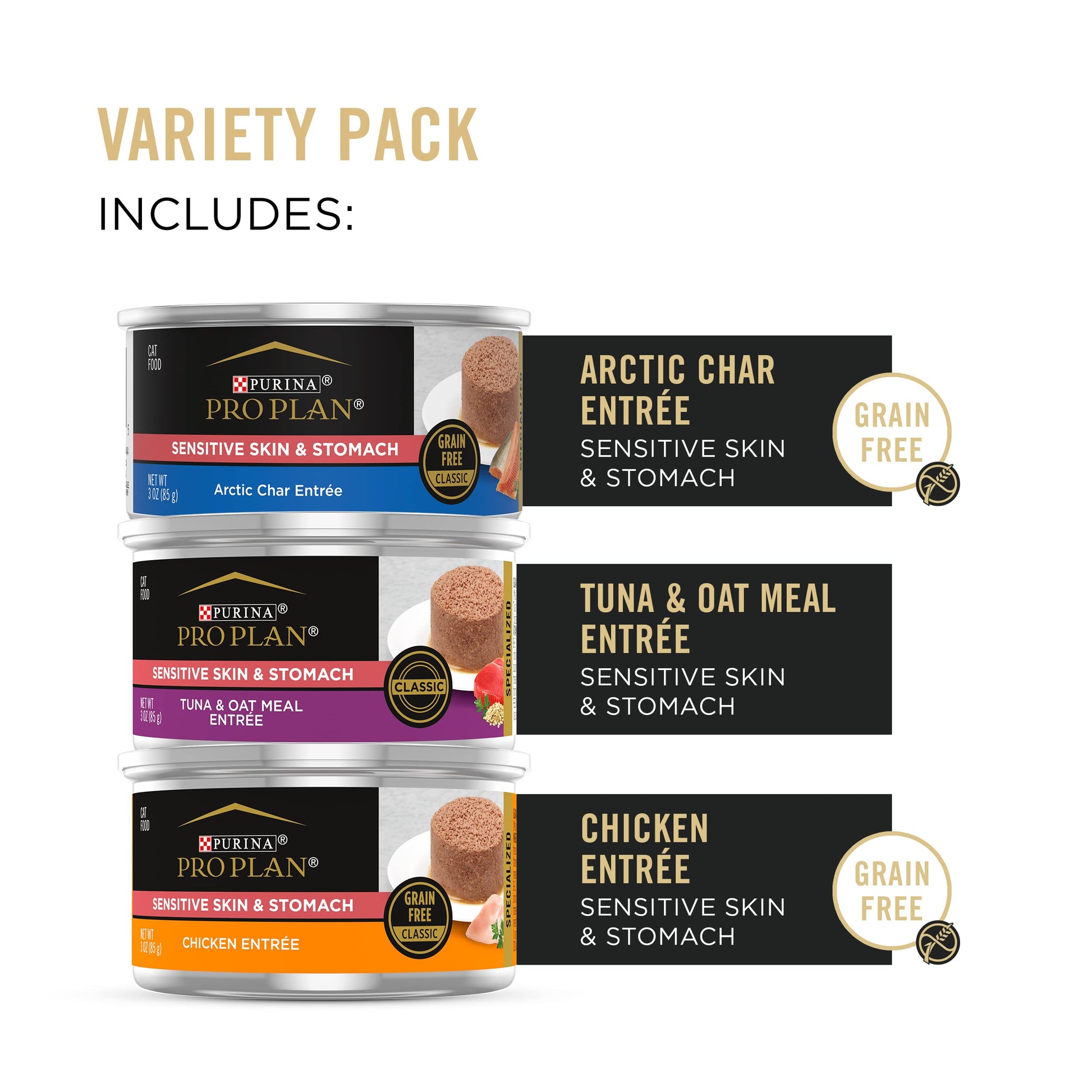 Purina Pro Plan Sensitive Skin and Stomach Wet Cat Food Variety Pack, Sensitive Skin and Stomach Entrees - (Pack of 24) 3 oz. Cans