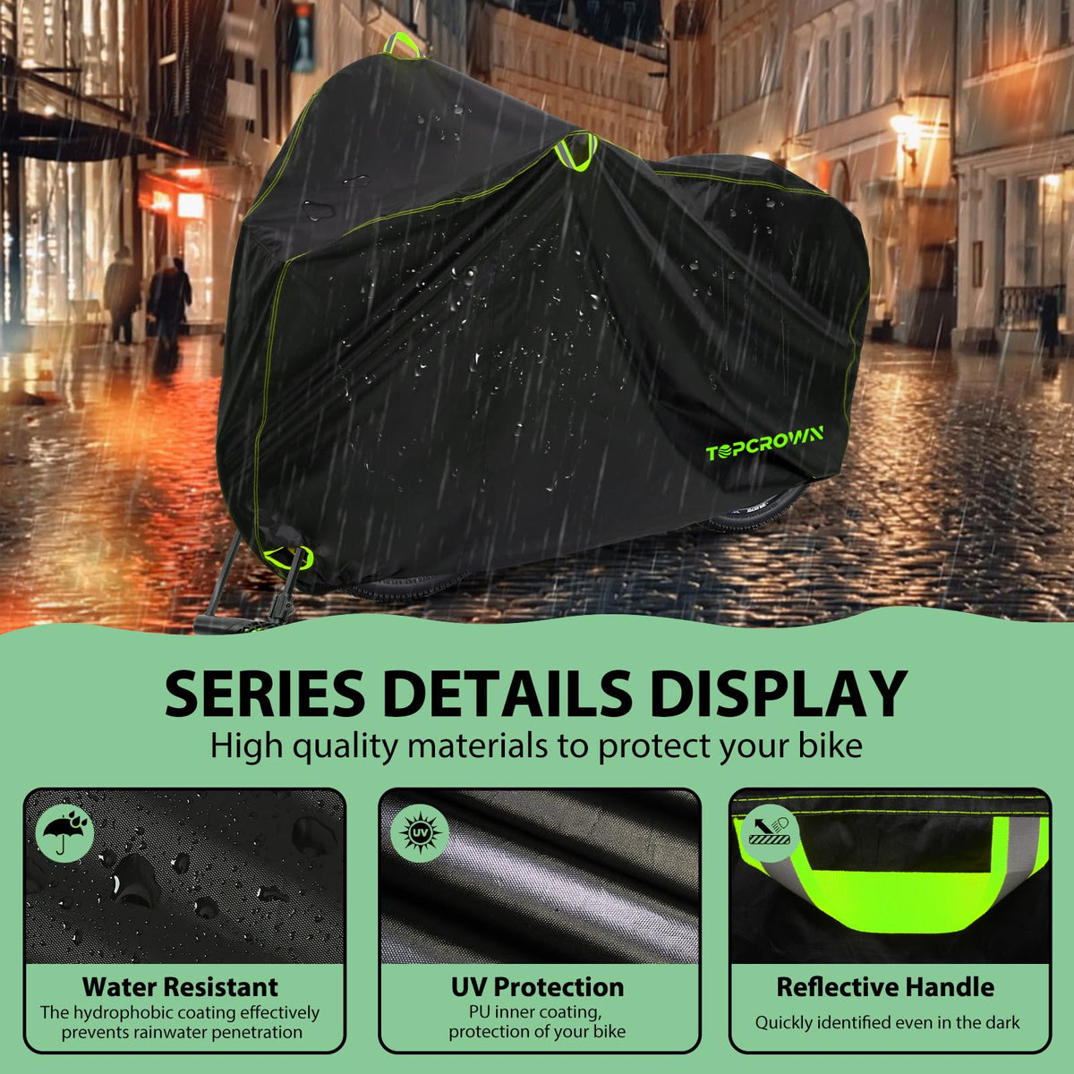 Topcrown Bike Cover Waterproof Outdoor Storage for 1/2/3 Bikes, Bicycle Cover Rain Sun UV Dust Wind Proof with Storage Bag for Mountain Road Bike/Ebike (210D Black+Green, XL Size for 1 bike)