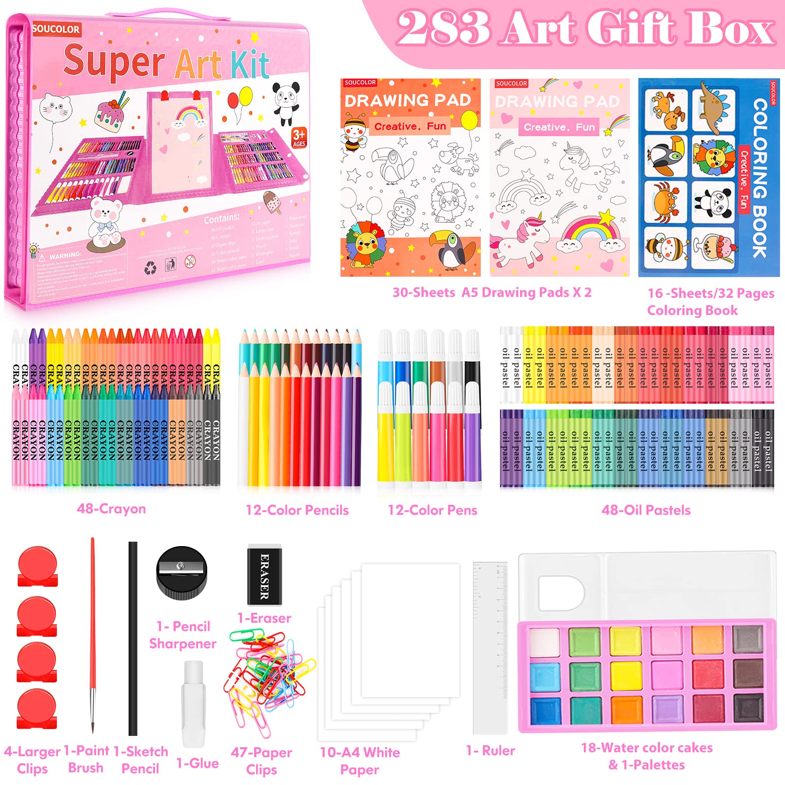 Soucolor Art Supplies, 283 Pieces Drawing Set Art Kits with Trifold Easel, 2 Drawing Pads, 1 Coloring Book, Crayons, Pastels, Arts and Crafts Gifts Case for Kids Girls Boys Teens Beginners