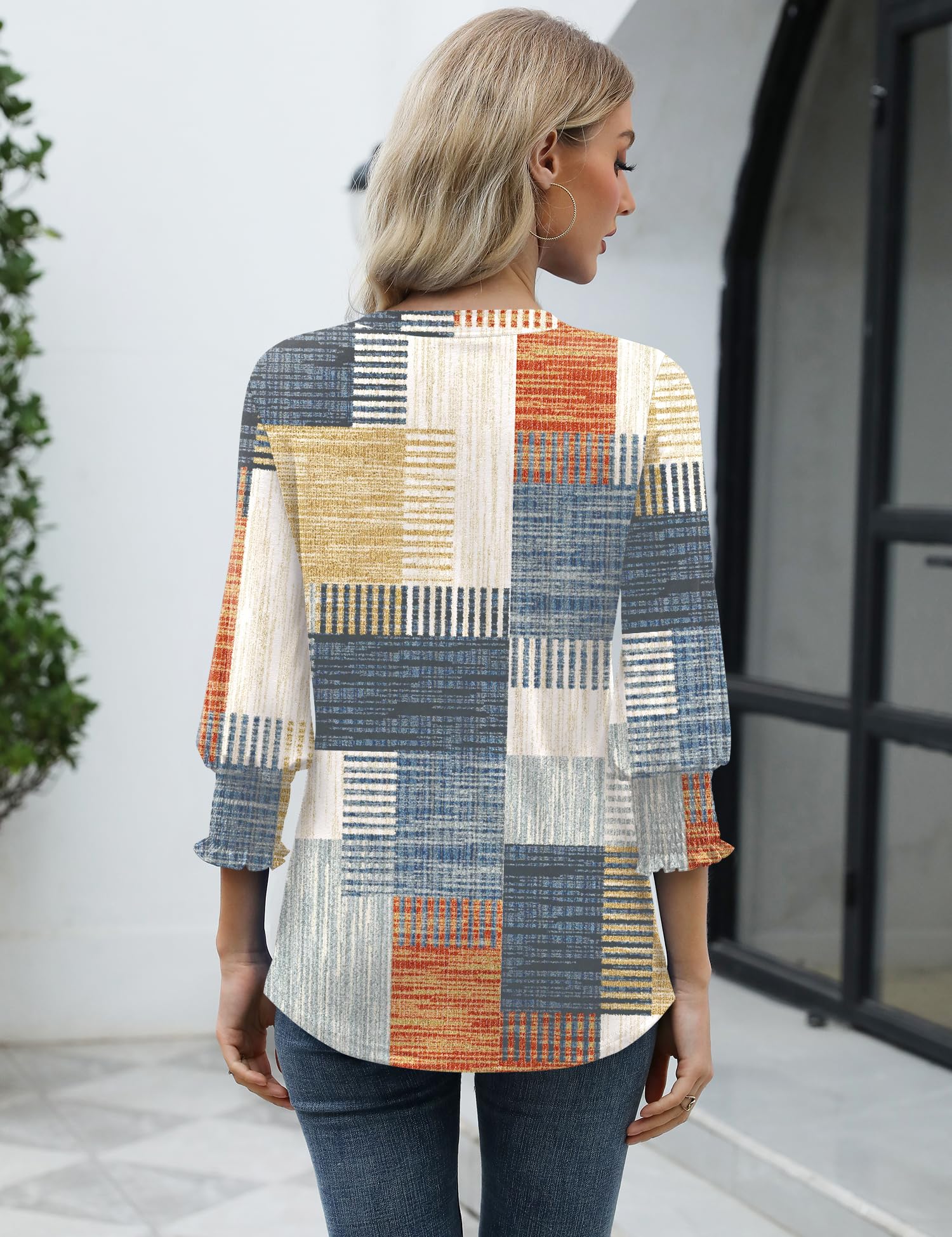 LOMON Blouses for Women Dressy Casual 3/4 Sleeve Tops for Women V Neck T Shirt Ladies Tops and Blouses Orange Blue Print L