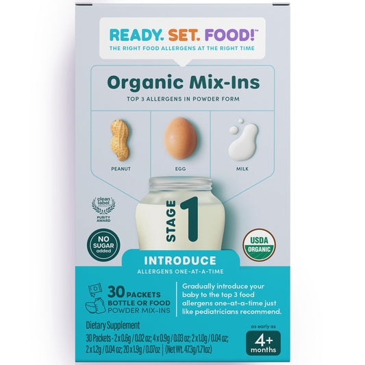 Stage 1 Mix-ins – Safe & Easy Early Allergen Introduction for Babies 4+ Months, Mix with Breastmilk, Formula & Baby Food, With 3 Top Allergens: Organic Peanuts, Milk & Eggs By Ready Set Food!(30 Days)