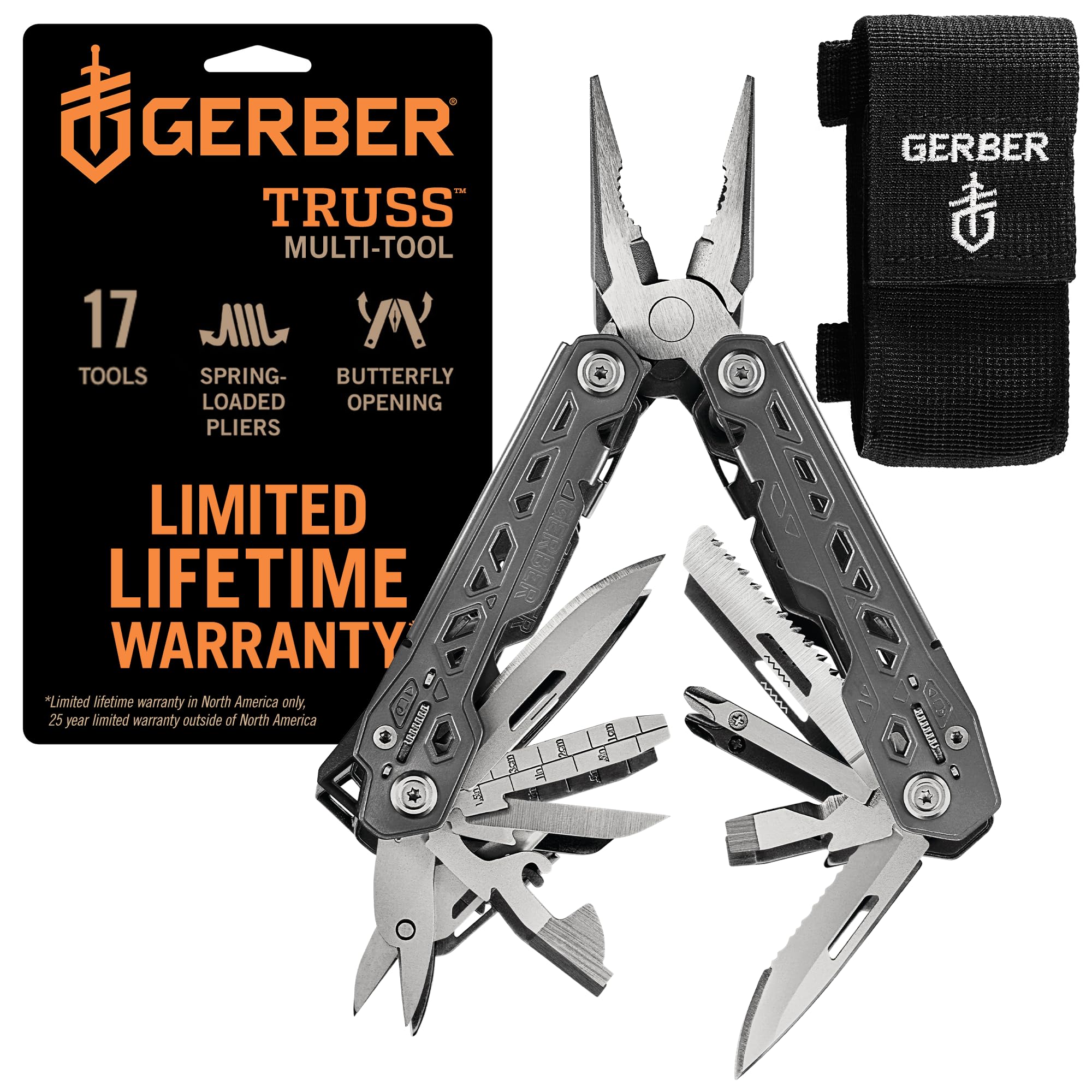 Gerber Gear Truss 17-in-1 EDC Needle Nose Pliers Multi tool - includes Pocket Knife, Screwdriver, and Bottle Opener Accessories - Gifts for Men, Fishing and Camping Gear - Gray with Molle Sheath