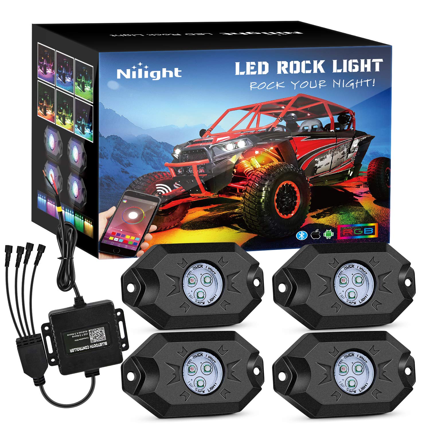 Nilight RGB LED Rock Lights Kit, 4-teiliges Unterbodenbeleuchtungs-Set, mehrfarbige Neon-Leuchteinheit mit Bluetooth-App-Steuerung, Blink-Musik-Modus, Radkastenbeleuchtung für LKW, ATV, UTV, RZR, SUV