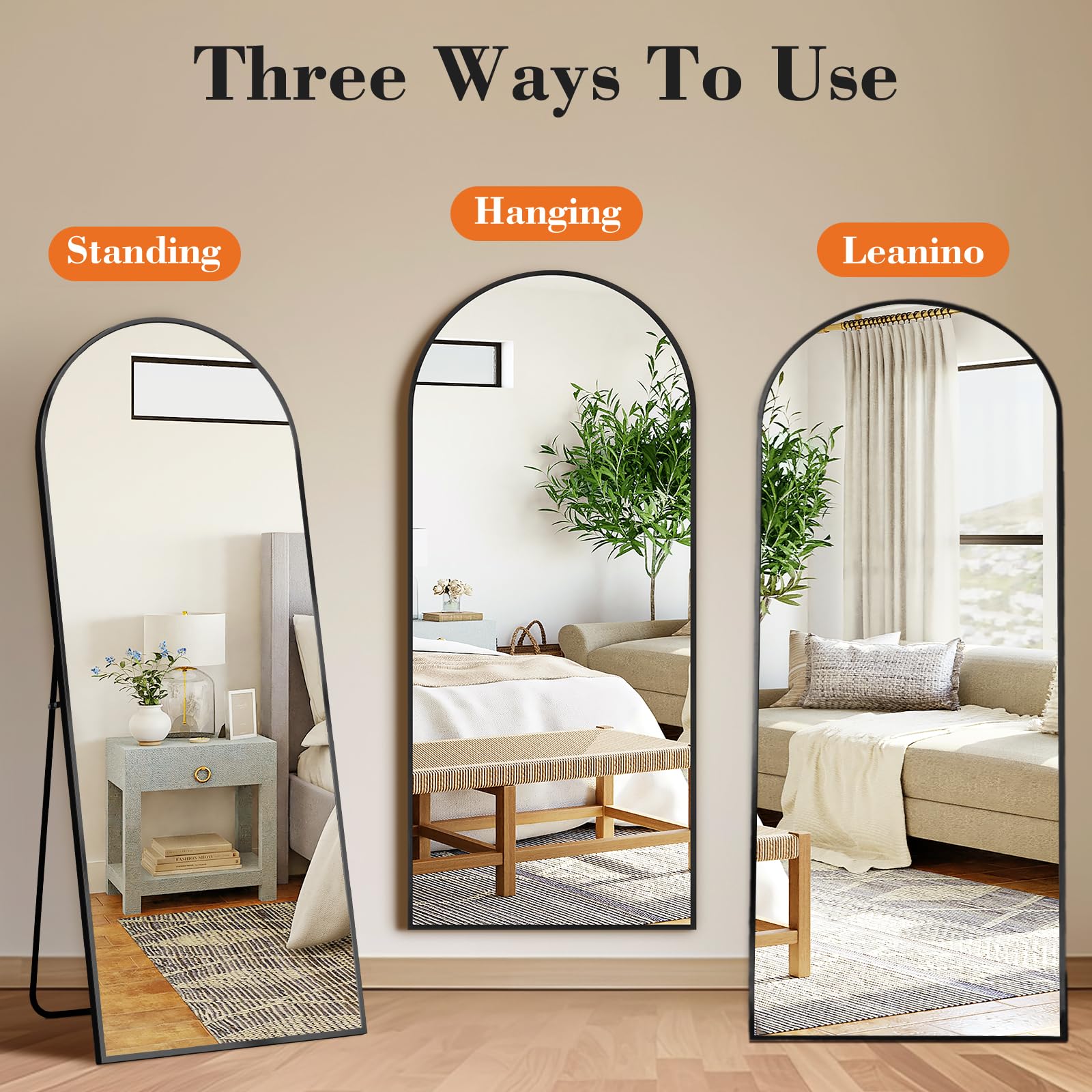 DUMOS Arched Full Length Mirror with Stand 64"x21" Floor Standing Aluminum Frame for Bedroom Body Hanging Leaning Modern Simple Home Decor Shatter-proorf Nano Glass Wall Living Room Cloakroom Black