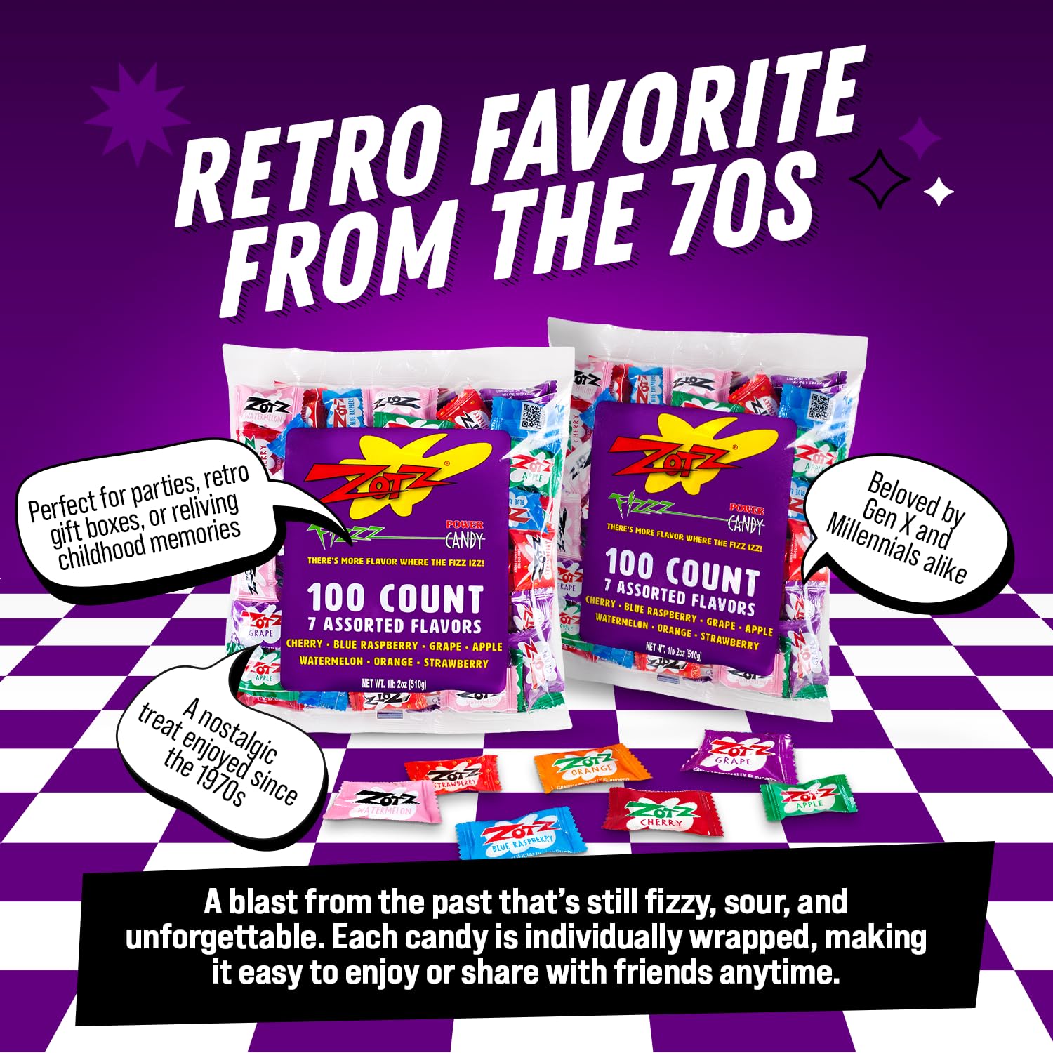 Zotz Fizzy Bulk Candy (Assorted, 100 Units)- Hard Candy Individually Wrapped- Assorted 7 Fruit Flavors, Cherry, Watermelon, Strawberry, Blue Raspberry, Apple, Orange & Grape- From Italy Since 1970