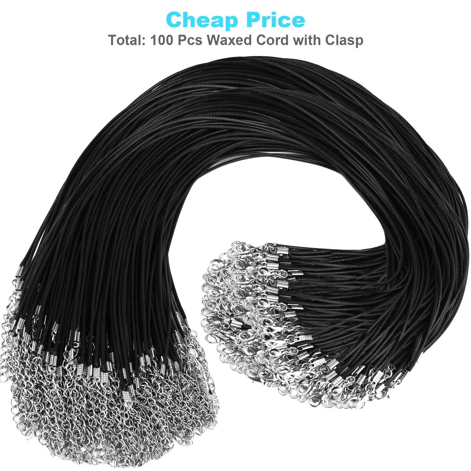 100Pcs Premium Leather Necklace Chains Bracelet Cord with Clasps for Pendants, Bulk Waxed Rope Necklace String, Black , 18" for Jewelry Making Supplies, 1.5mm DHOOZ