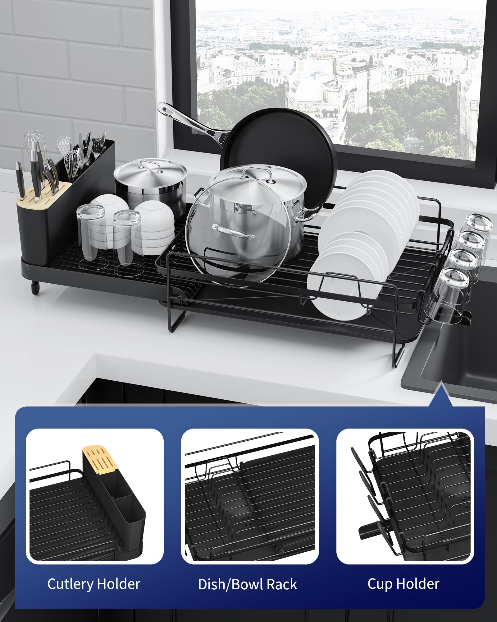 Kitsure Large Dish Drying Rack - Extendable Dish Rack, Multifunctional Dish Rack for Kitchen Counter, Anti-Rust Dish Drainers with Cutlery & Cup Holders 19.2"-26.7" L x 12.9" W, Black