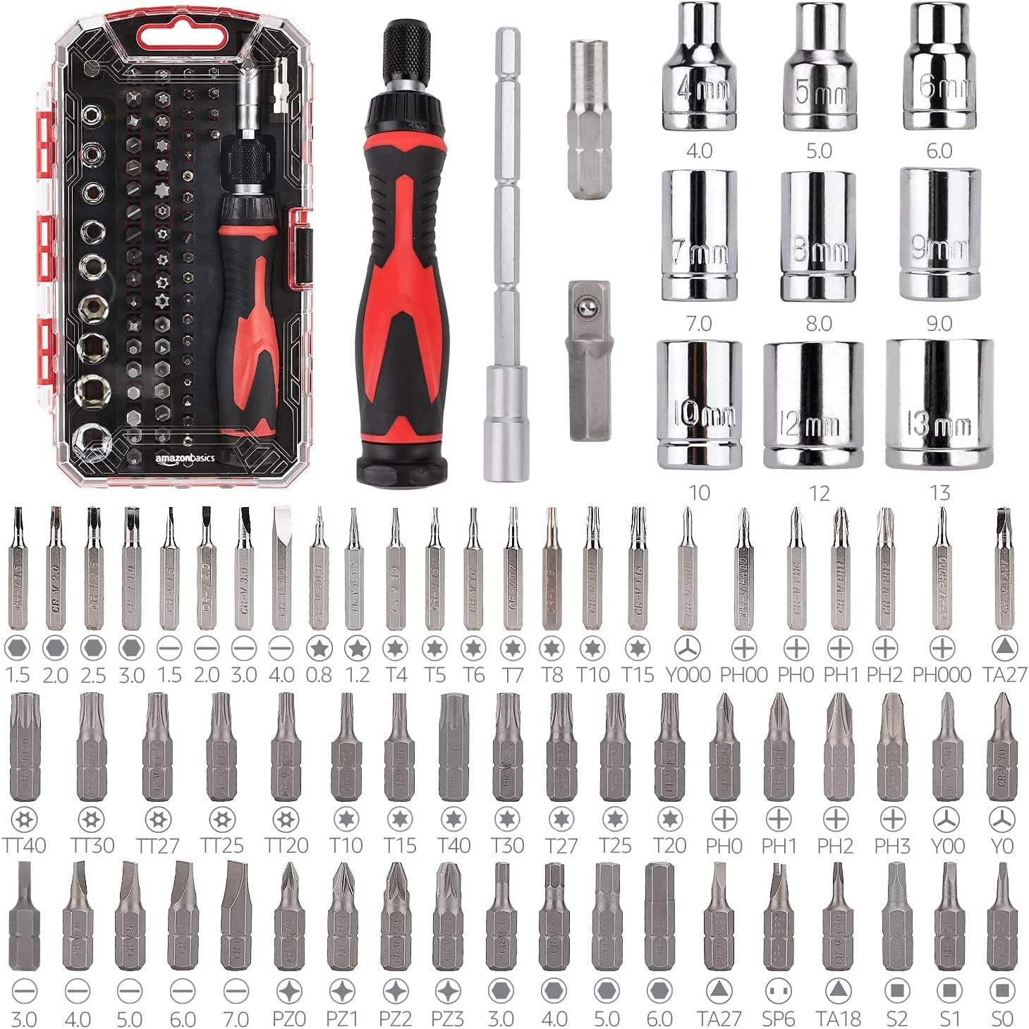Amazon Basics Magnetic Ratcheting Wrench and Electronics Precision Screwdriver Set, 73 count (Pack of 1), Black/Red/Silver