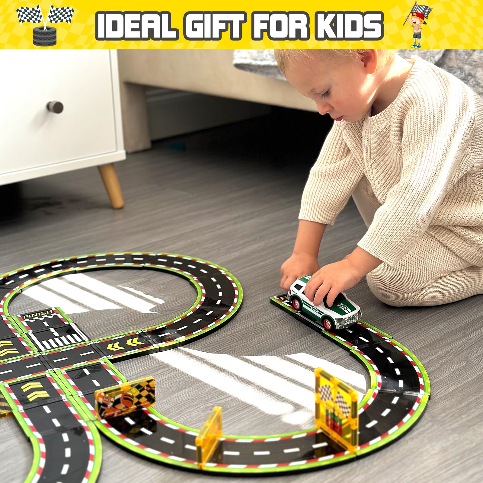 Magnetic Tiles Racing Track & City Road Expansion Pack - Kids Toys STEM Learning Montessori Toys for Toddler Magnetic Blocks Building Toys for 3+ Year Old Boys & Girls, Sensory Play Kids Toys