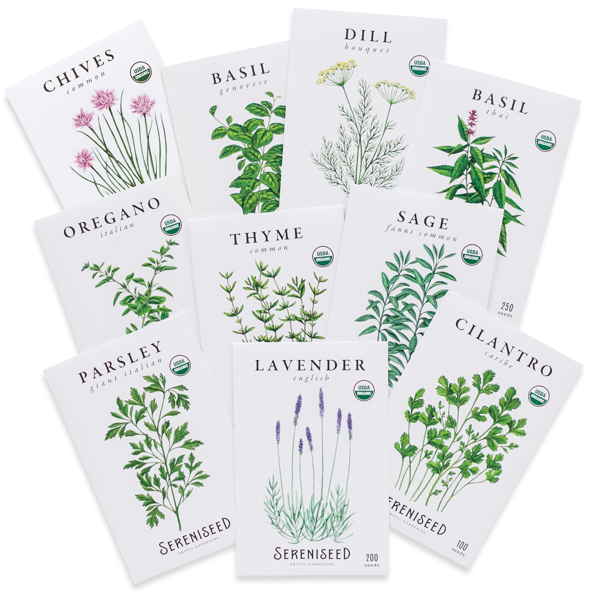 Sereniseed zertifizierte Bio-Kräutersamen (10er-Pack) - gentechnikfrei, samenecht - Video zur Samenanzucht - Basilikum-, Koriander-, Oregano-, Thymian-, Petersilien-, Lavendel-, Schnittlauch-, Salbei-, Dillsamen für Innen- und Außenanbau