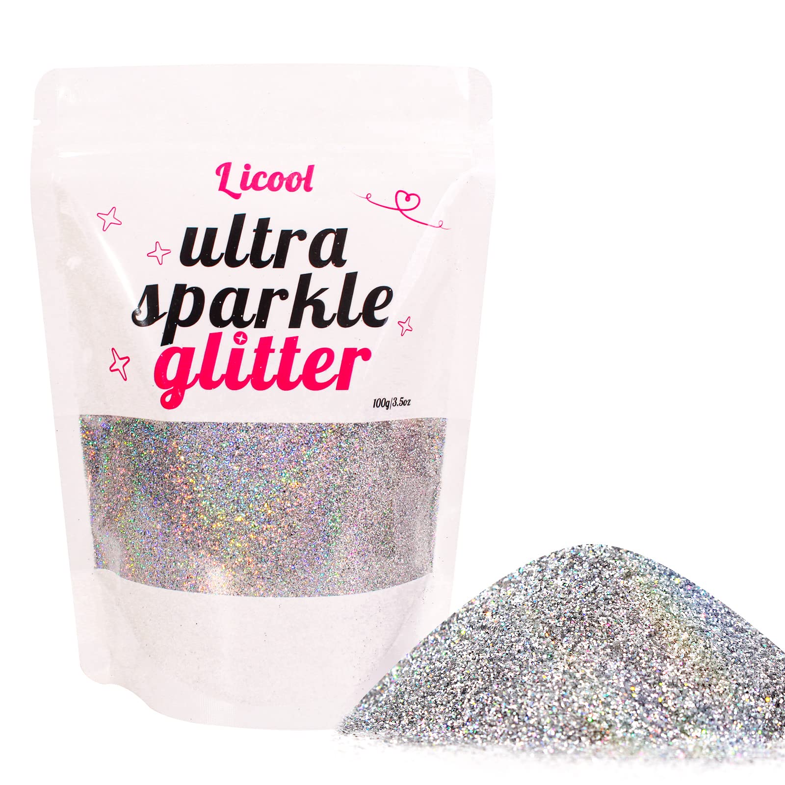 100g Holographic Ultra Fine Glitter, Sparkle Makeup Glitter, Extra Fine Craft Glitter Resin Sequins for Epoxy Glass Resin Art Tumblers Body Hair Face Nail (Laser Silver)