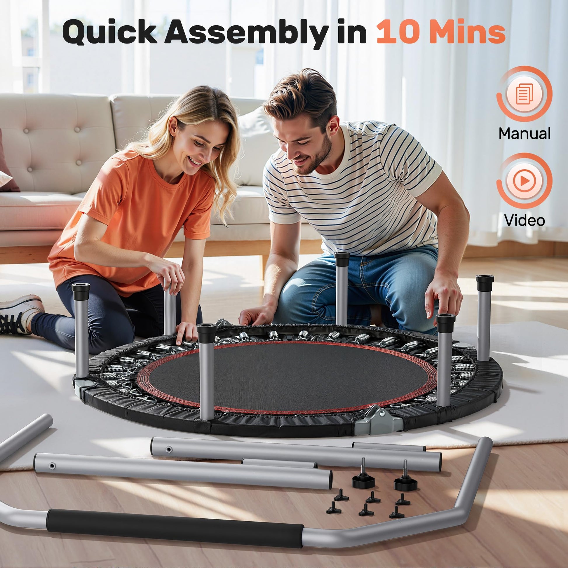 BCAN 40/48" Foldable Mini Trampoline Max Load 330lbs/440lbs, Fitness Rebounder with Adjustable Foam Handle, Exercise Trampoline for Adults Indoor/Garden Workout, Black