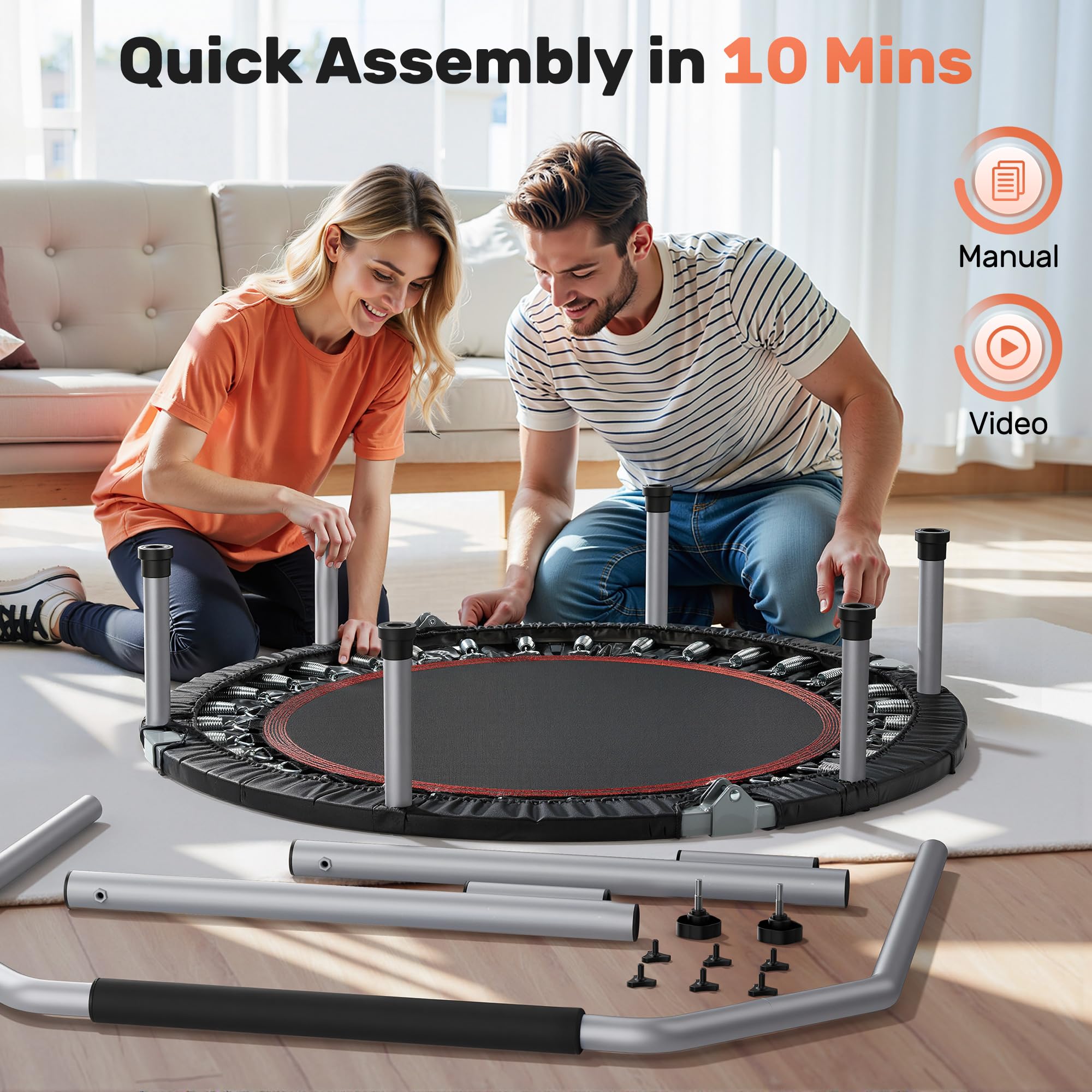 BCAN 40/48" Foldable Mini Trampoline Max Load 330lbs/440lbs, Fitness Rebounder with Adjustable Foam Handle, Exercise Trampoline for Adults Indoor/Garden Workout, Black