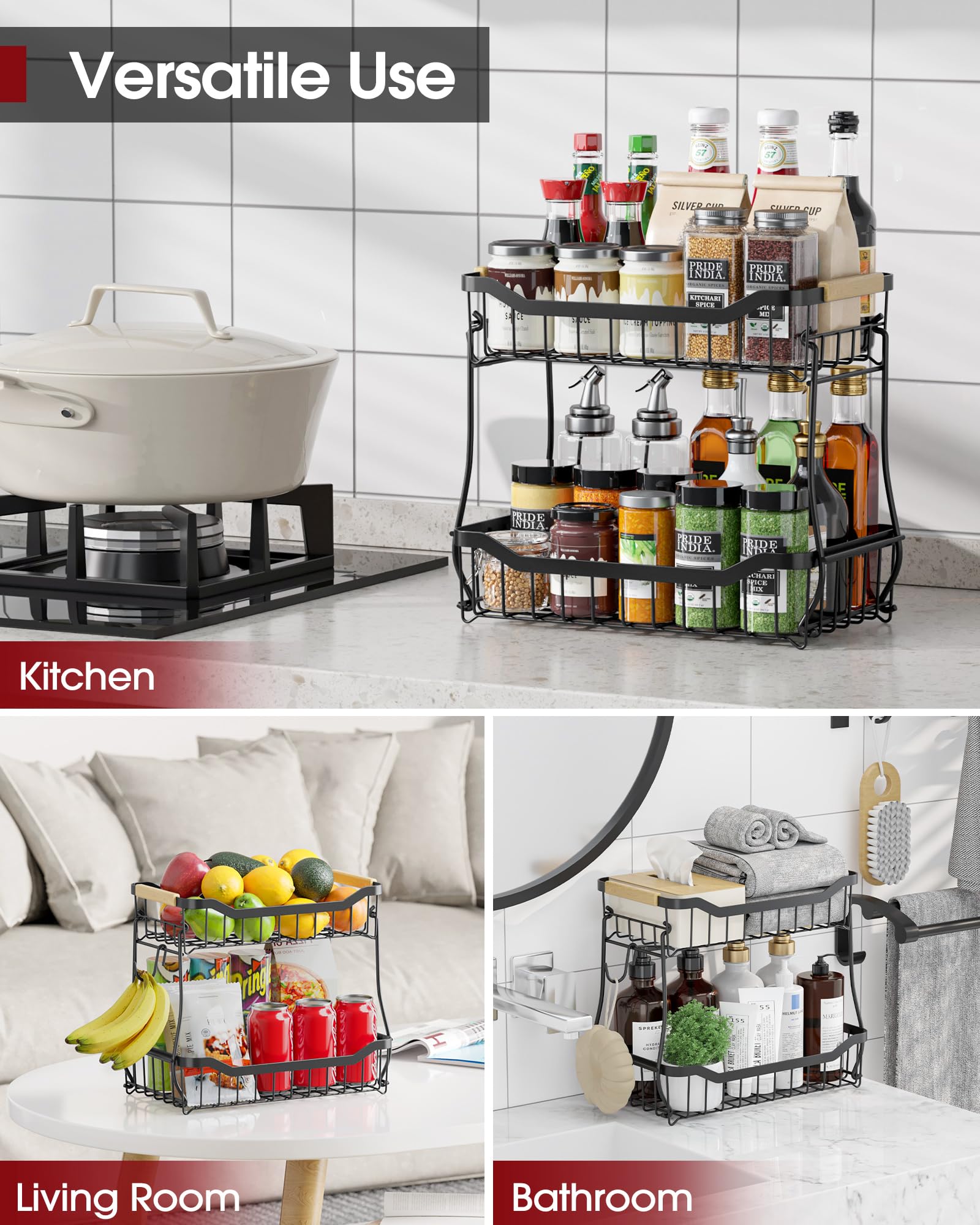 Sakugi Fruit Basket for Kitchen Counter - 2 Tier Detachable Fruit Vegetable Basket with Banana Hanger, Metal Countertop Fruit Stand with Wooden Handle, Black,7.3" D x 11.2" W x 10.3" H