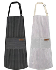 Serrenf 2 Pack Apron, Cooking Kitchen Aprons, Adjustable Bib Apron with 2 Pockets for Men Women Chef Apron (Black/Brown pinstripe)