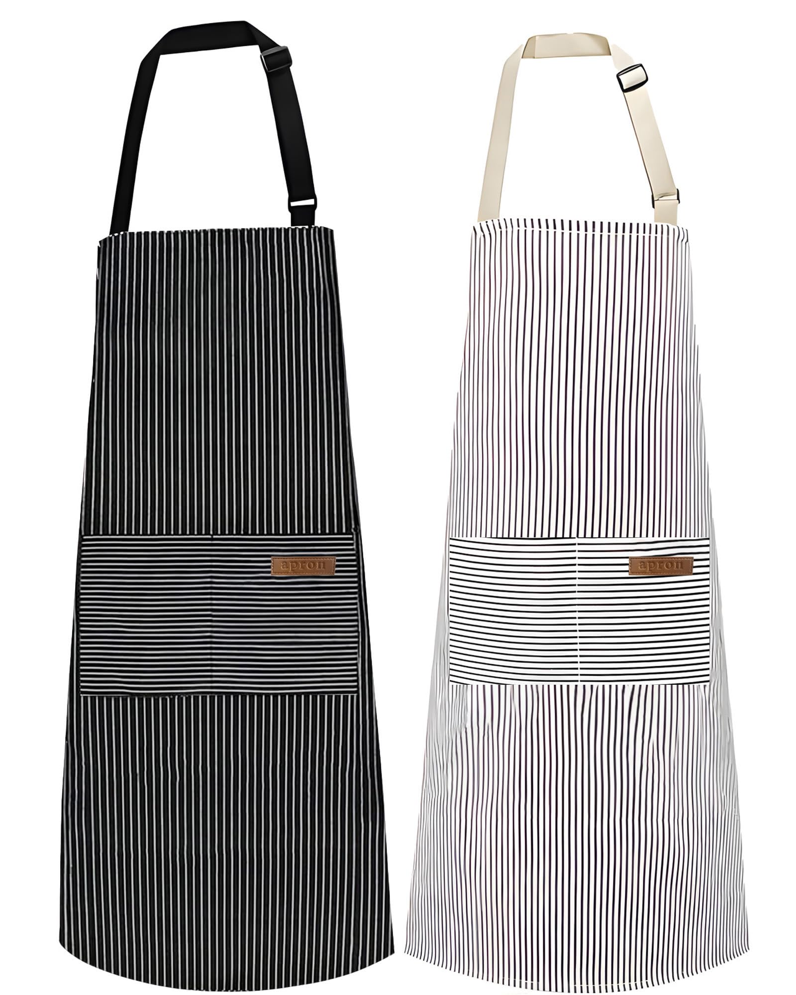 Serrenf 2 Pack Apron, Cooking Kitchen Aprons, Adjustable Bib Apron with 2 Pockets for Men Women Chef Apron (Black/Brown pinstripe)
