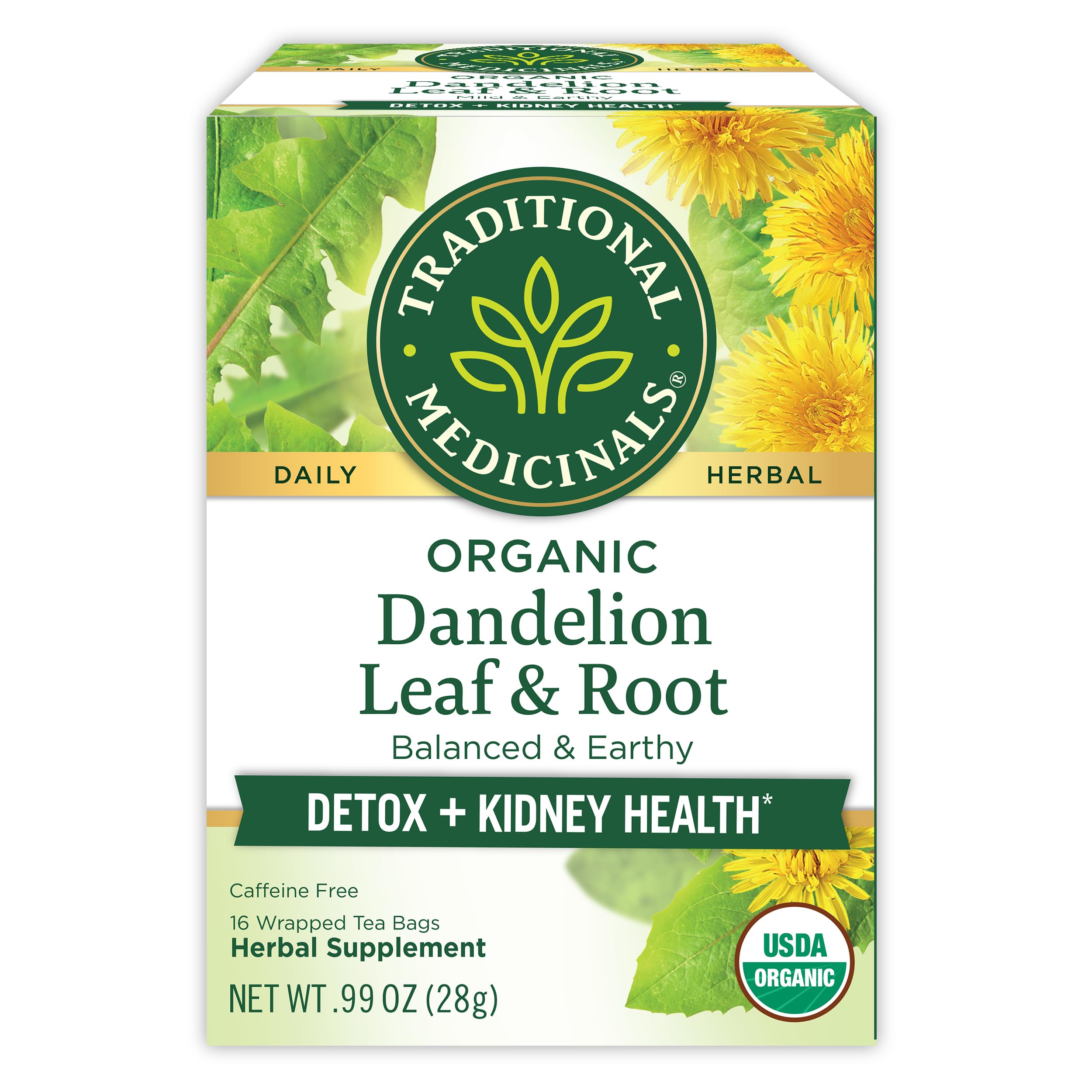 Traditional Medicinals Bio-Löwenzahnblatt- und Wurzel-Kräutertee (1er-Packung), unterstützt die Nierenfunktion und eine gesunde Verdauung, insgesamt 16 Teebeutel