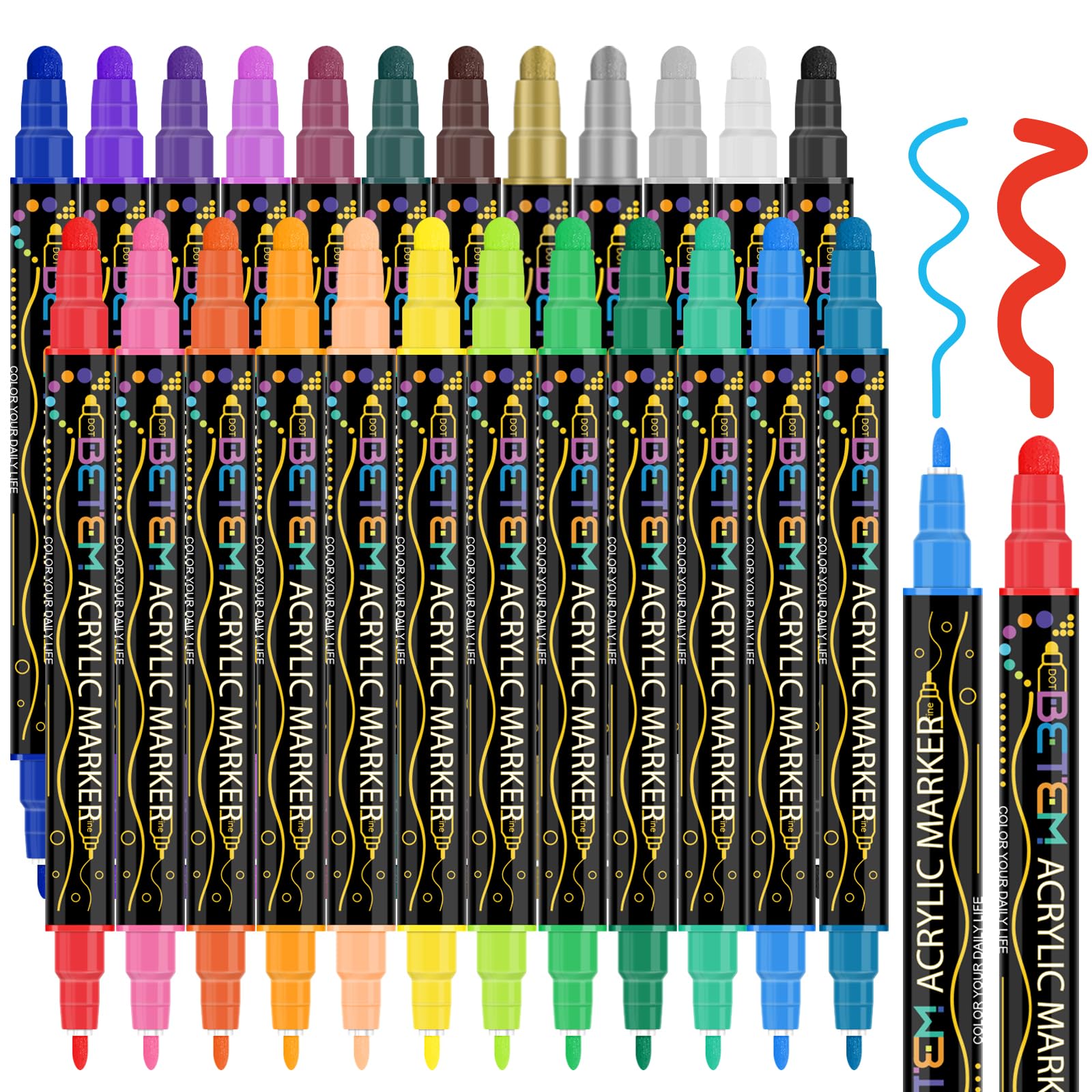 Betem 24 Colors Dual Tip Acrylic Paint Pens Markers, Premium Acrylic Paint Pens for Halloween Decorations, Wood, Canvas, Stone, Rock Painting, Glass, Ceramic Surfaces, Pumpkin Painting Kit DIY Crafts