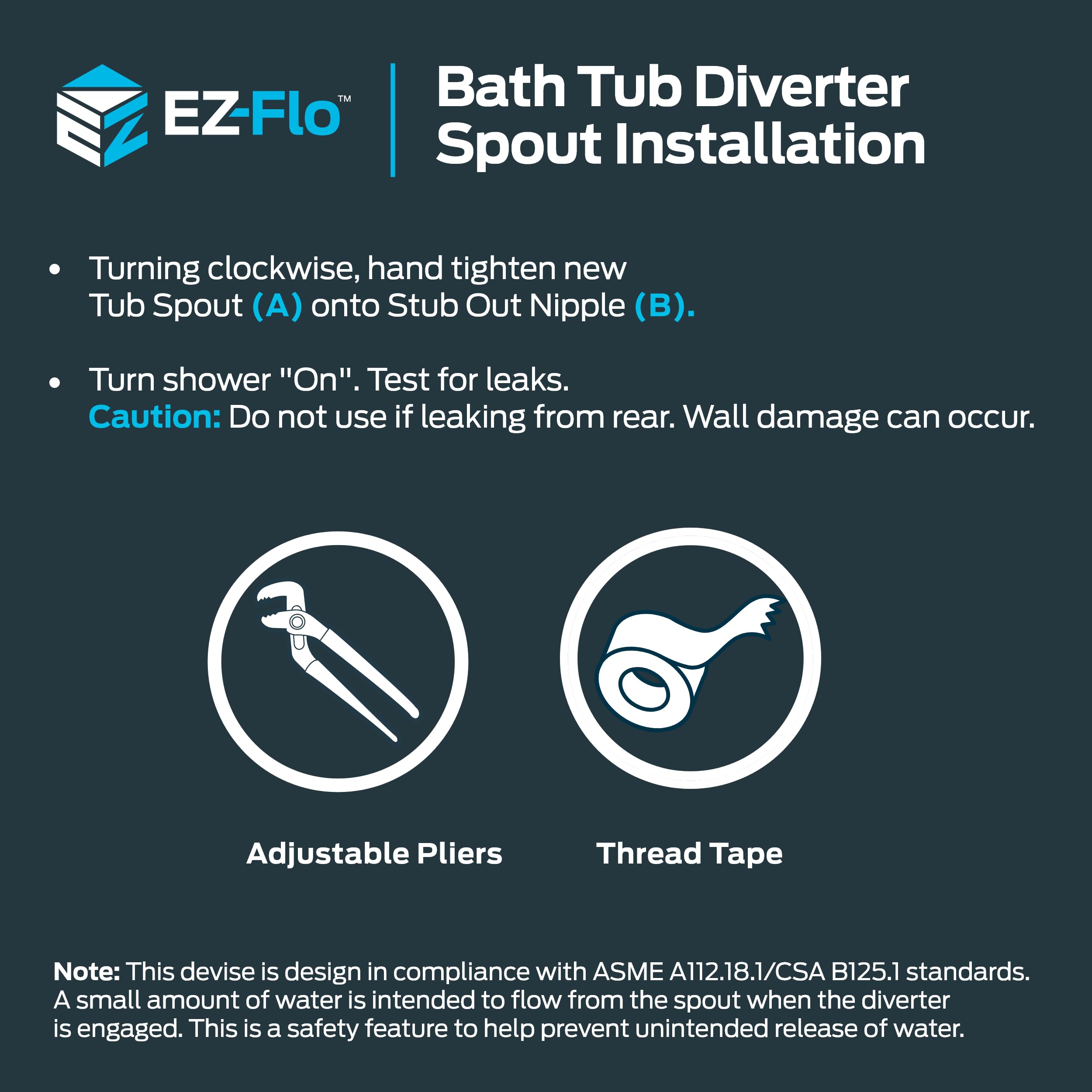 EZ-FLO 5-3/8 Inch Nose Diverter Tub Spout, 1/2 Inch IPS Connection, Chrome Finish, 15083