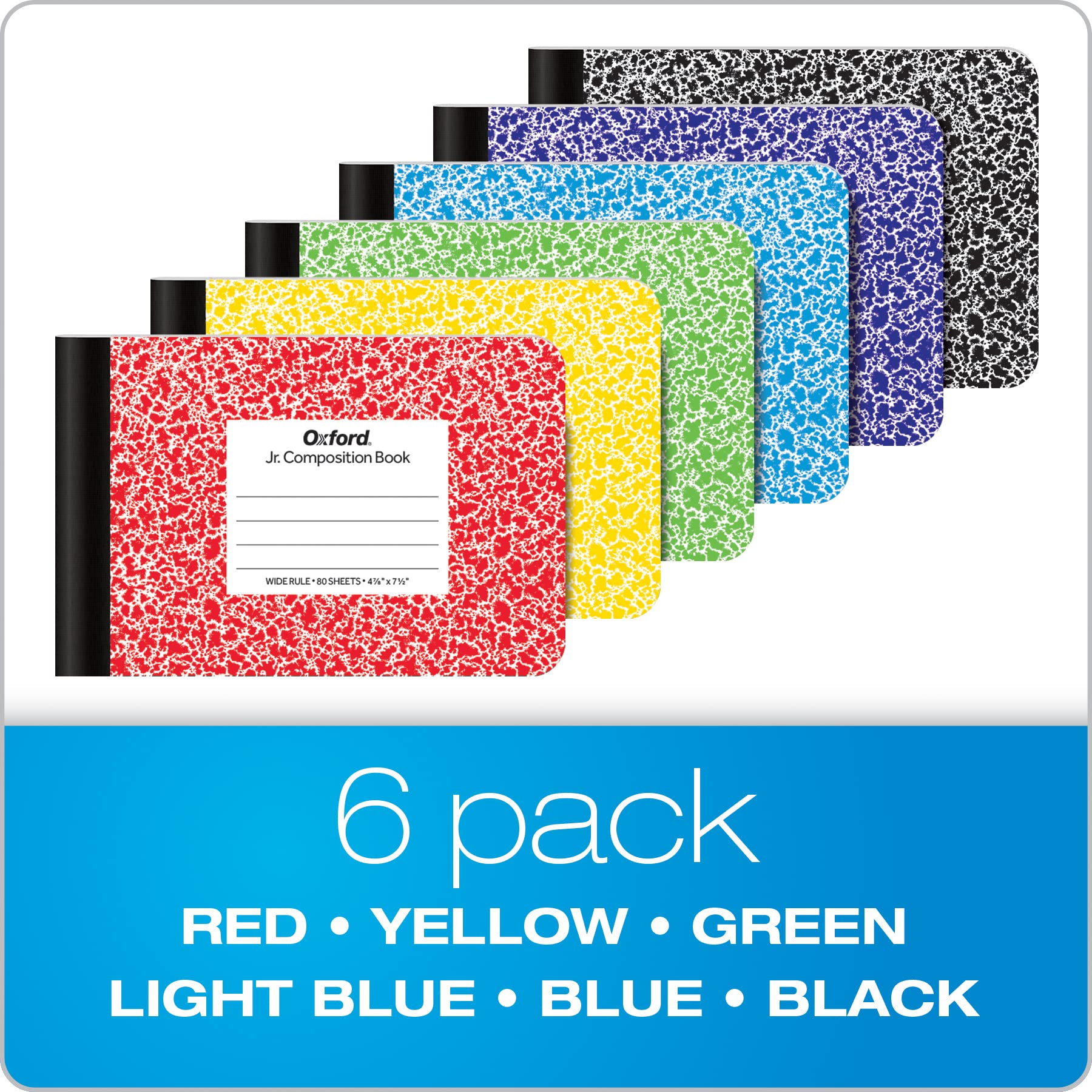 Oxford Jr. Composition Notebooks, Notebooks for School, School Supplies, Half Size, 4-7/8 x 7-1/2 Inches, Wide Ruled Paper, Kids Journal, 80 Sheets, Assorted Primary Covers, 6 Pack (63779)